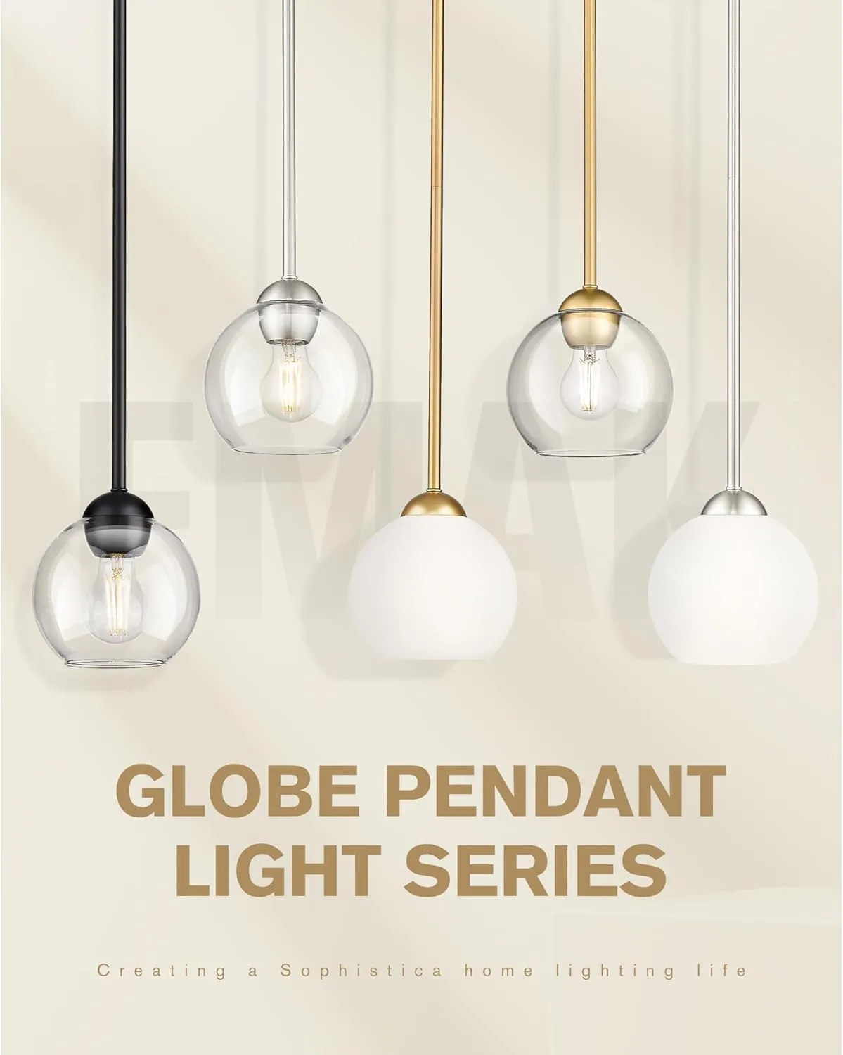 Emak 7 Inch Globe Pendant Lights, Brushed Nickel Pendant Light Fixtures with Clear Glass Shade, Modern 1 Light Hanging Lights for Kitchen Island, Bedroom, Bathroom, PL119-BN