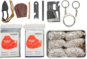 Emergency Blankets Fire Stater 6 Bags Magnesium Ferro Striker Saw Wire Multi Purpose Tool Wax Rope Waterproof Tin Box for Camping Hiking Hurricane Flood Tsunami Other Disasters