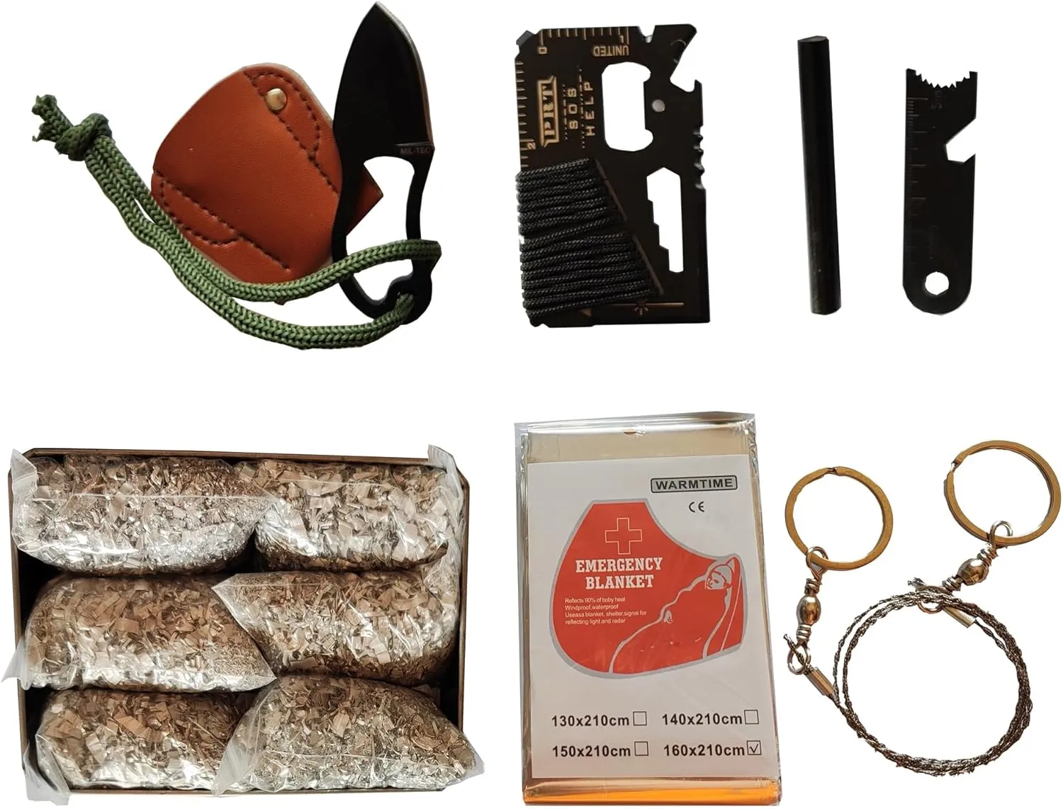 Emergency Fire Starter 6 Bag Magnesiums Multi Purpose Card Tool Saw Ferro Rod Striker Blanket Wax Rope for Camping Hiking Bushcraft   Tin Box (Mg   Ferro   Knife   Saw   Tool   Blanket)