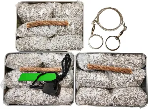 Emergency Fire Starter Magnesium 6 Bags Wax Infused Jute Rope Ferro Rod Striker Saw Wire for Camping Hiking Bushcraft Hurricane   Tin Container