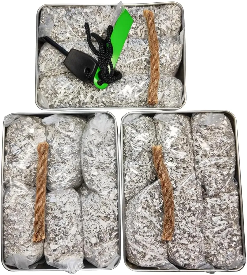 Emergency Fire Starter Magnesium 6 Bags Wax Infused Jute Rope Ferro Rod Striker Saw Wire for Camping Hiking Bushcraft Hurricane   Tin Container