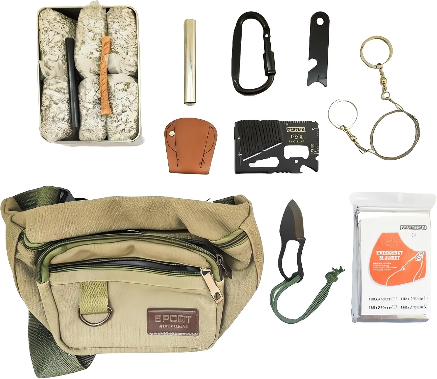 Emergency Fire Stater 6 Bags Magnesium Ferro Striker Saw Wire Multi Purpose Tool Blanket Wax Rope Camping Hiking Bushcraft   Tin Can (Mg   Ferro   Knife   Saw   Blanket   Rope   Clip   Bag)