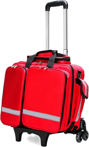 EMT, EMS, Paramedics Large Portable Emergency First Aid Kit Bag with Wheels - Trauma Bag for First Responders with Inner Dividers, Red, Modern