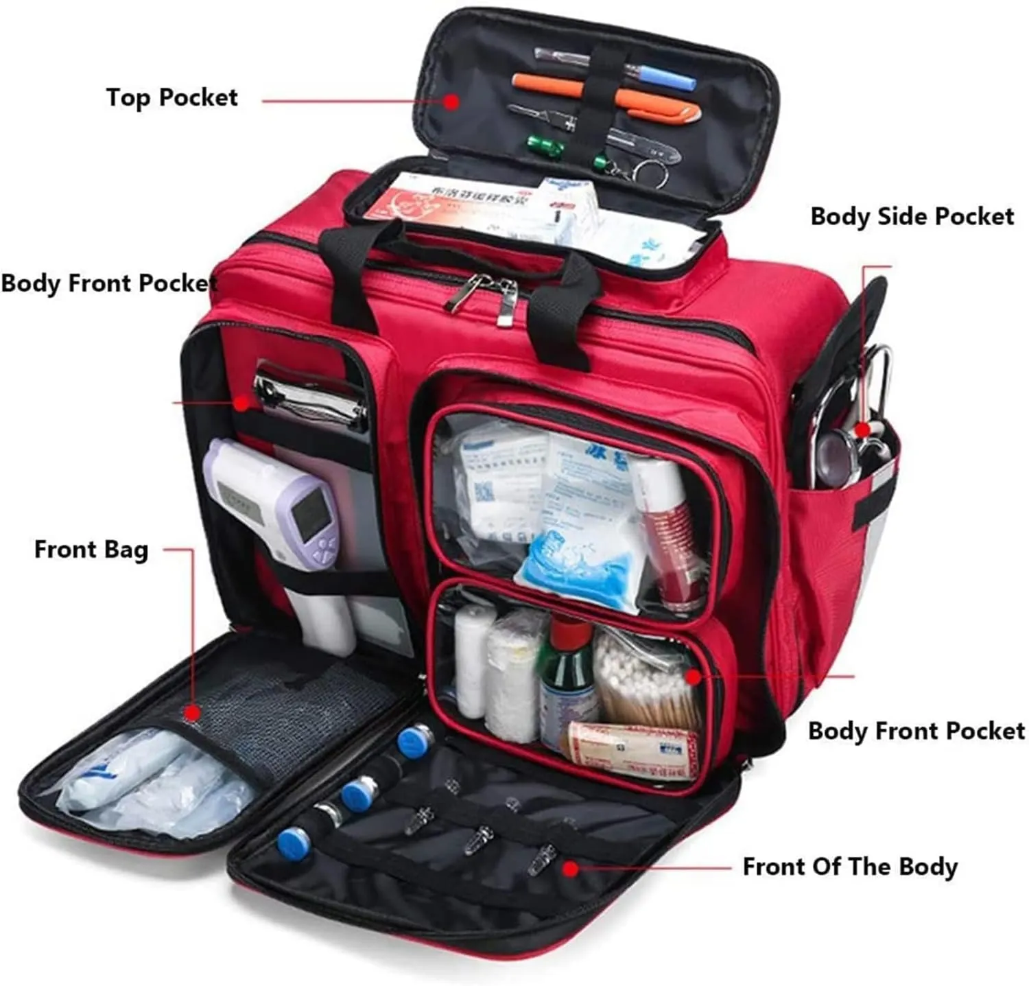 EMT, EMS, Paramedics Large Portable Emergency First Aid Kit Bag with Wheels - Trauma Bag for First Responders with Inner Dividers, Red, Modern