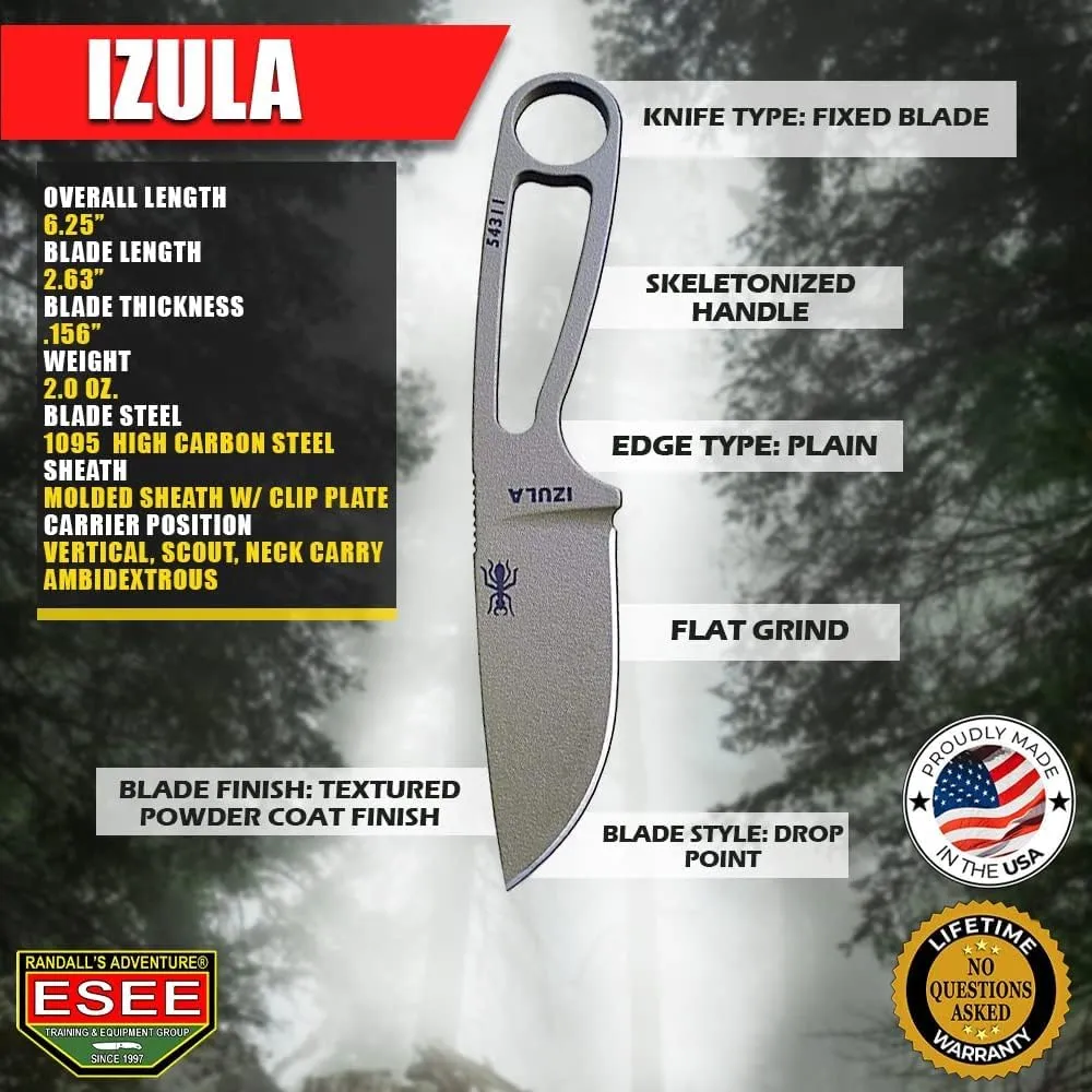 ESEE Knives Izula Fixed Blade Knife w/Survival Kit, Sheath & Clip Plate (Dark Earth)