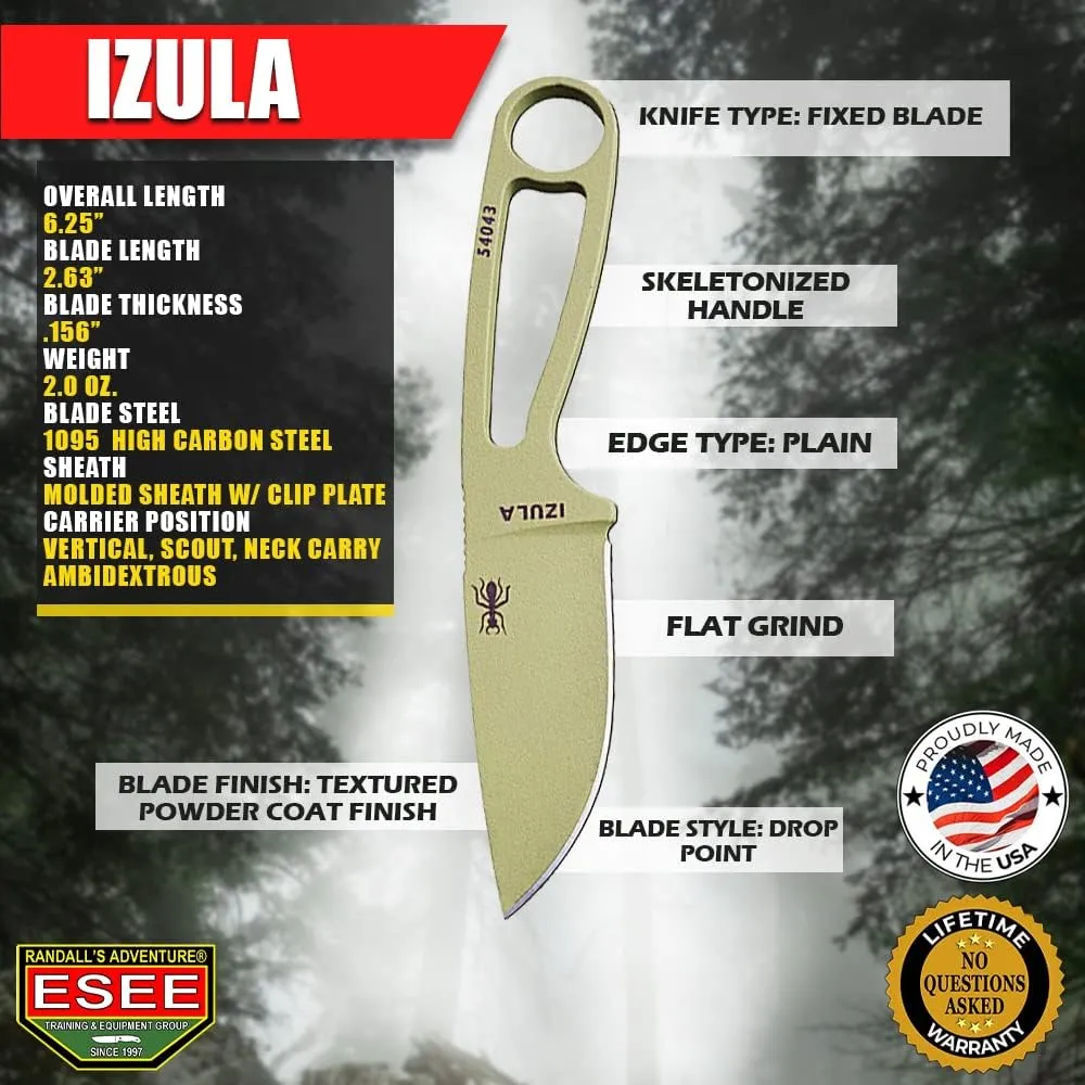 ESEE Knives Izula Fixed Blade Knife w/Survival Kit, Sheath & Clip Plate (Desert Tan)