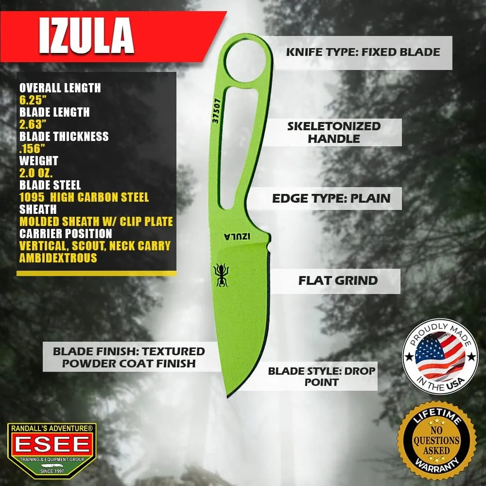 ESEE Knives Izula Fixed Blade Knife w/Survival Kit, Sheath & Clip Plate (Venom Green)