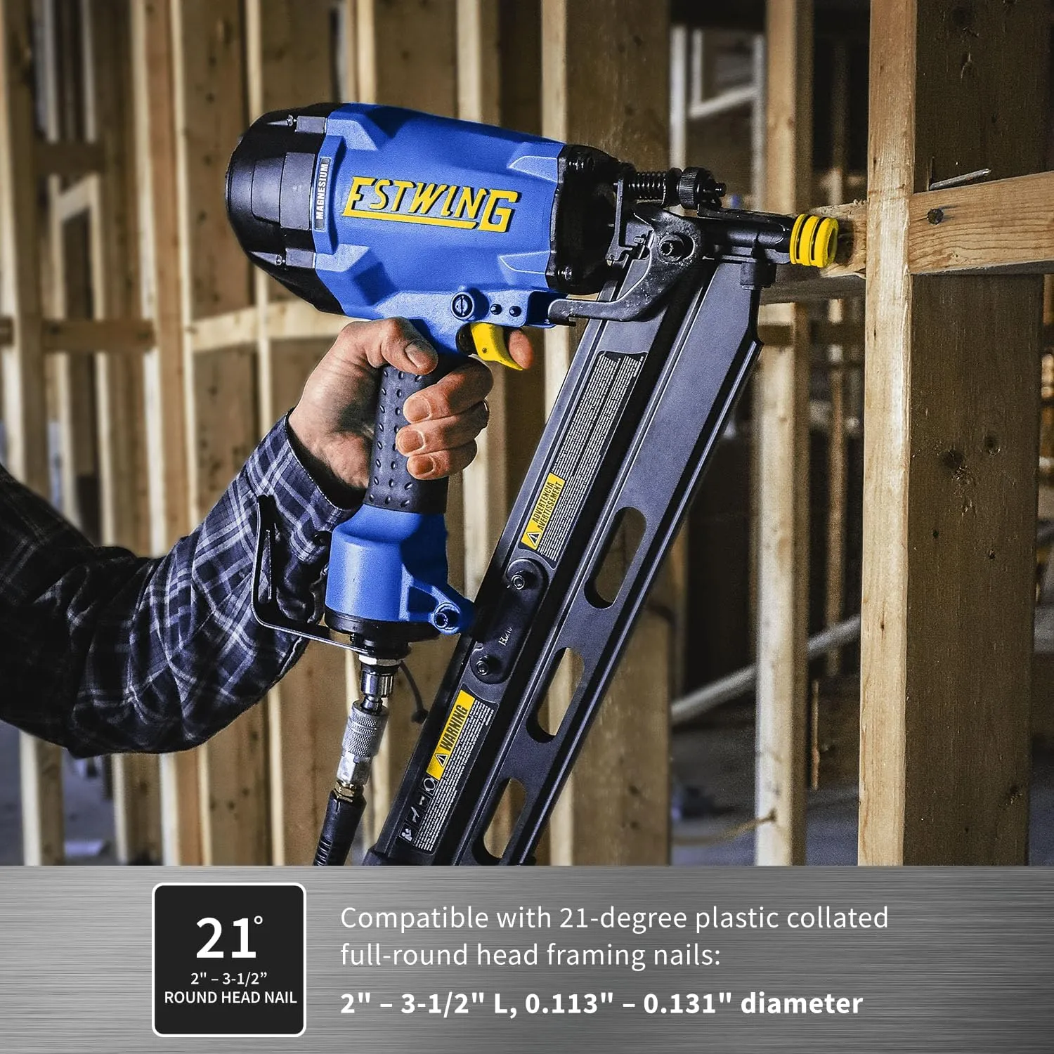 Estwing Pneumatic 21 Degree Framing Nailer, 2”–3-1/2” Framing Nails, Lightweight Magnesium Nail Gun with Depth Adjustment, Dual Trigger & Swivel Fitting, Includes Belt Hook & Carry Bag, EFR2190