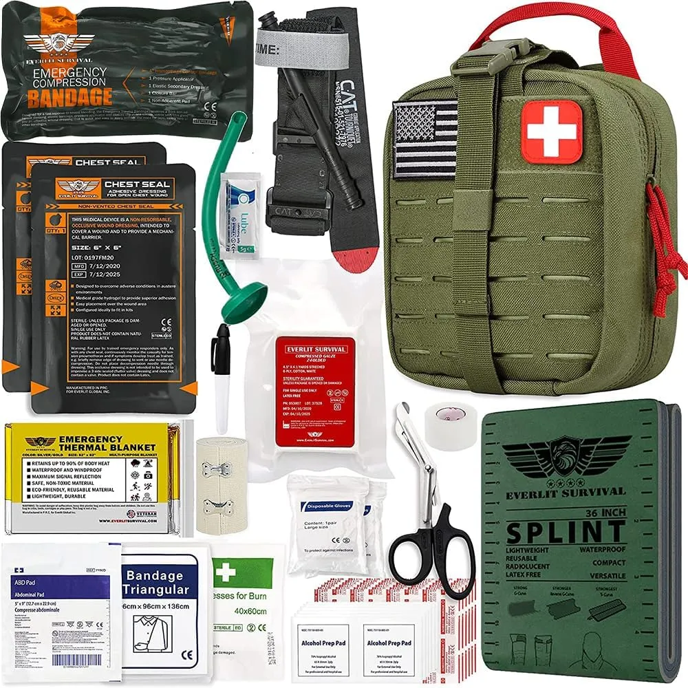 EVERLIT Advanced Emergency Trauma Kit, CAT GEN-7 Tourniquet Mil-Spec Nylon Laser Cut Pouch with 36" Splint, Military Combat Tactical IFAK for First Aid Response Bleeding Control
