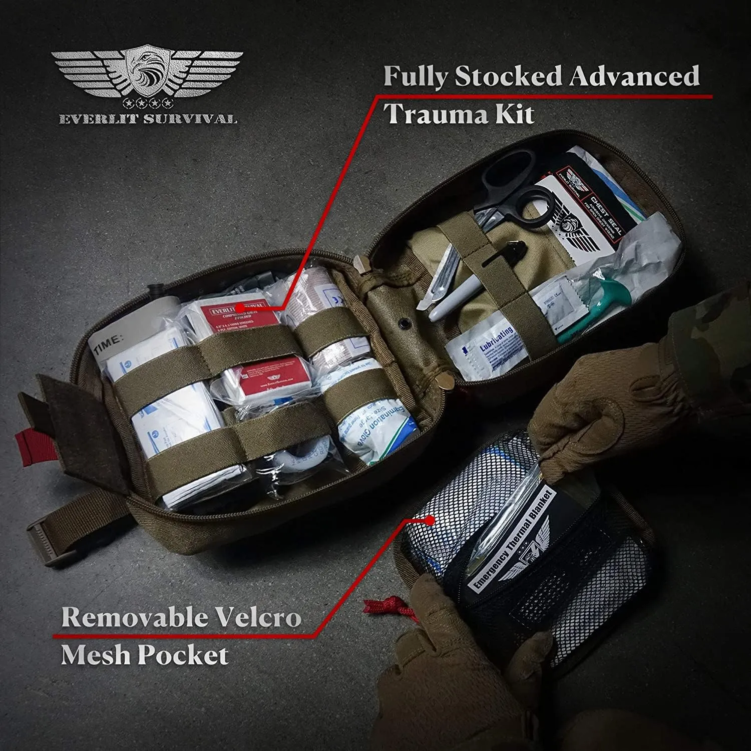EVERLIT Advanced Emergency Trauma Kit, CAT GEN-7 Tourniquet Mil-Spec Nylon Laser Cut Pouch with 36" Splint, Military Combat Tactical IFAK for First Aid Response Bleeding Control