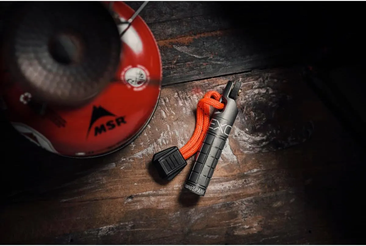 Exotac nanoSPARK Ultra-Compact Fire Starter with One-Handed Operation High-Spark Flint Wheel and Waterproof Storage Compartment Holds quickLIGHT Tinder and Up to 5 Replacement Flints