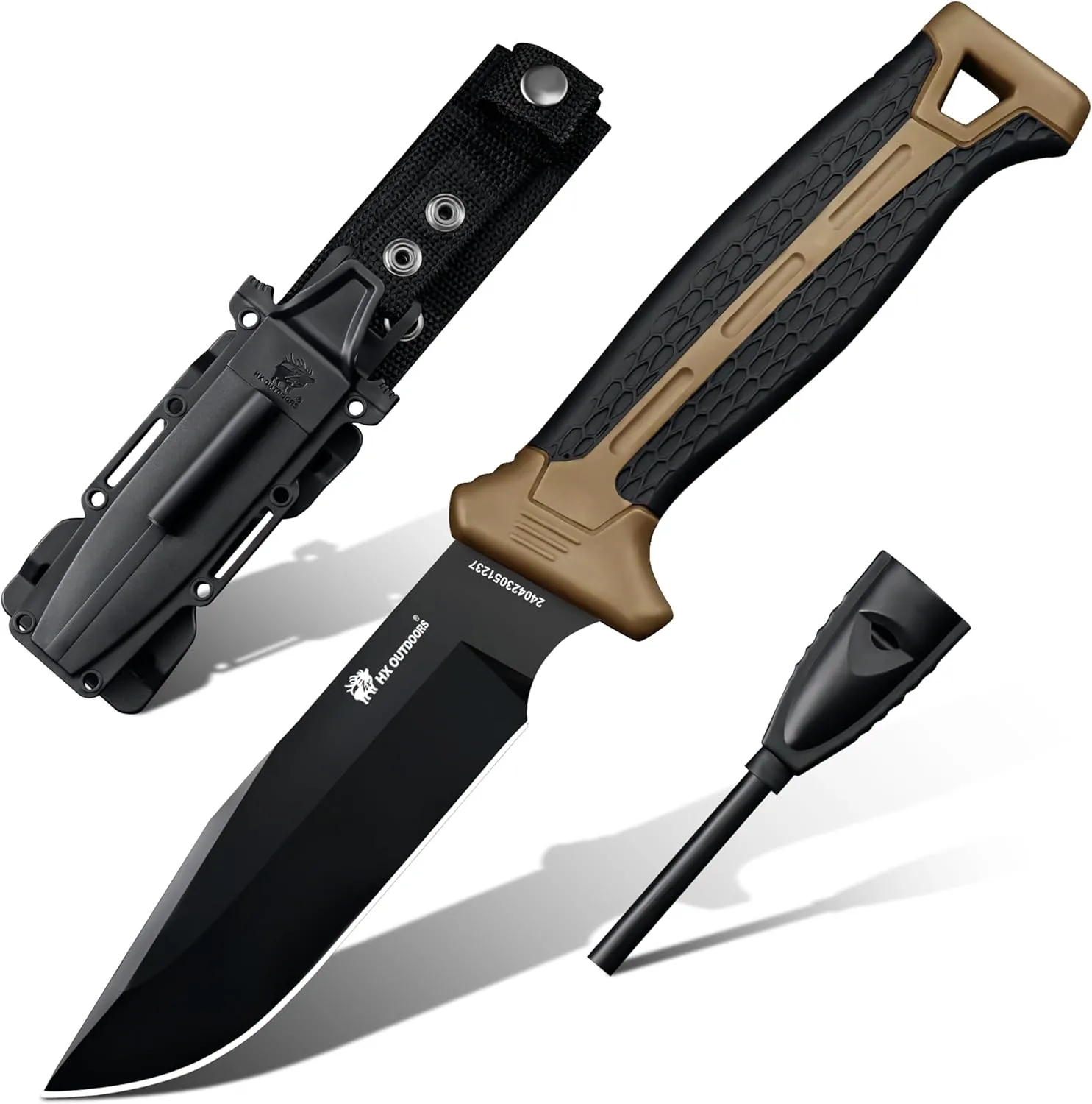 Extra Sharp Bushcraft Knife with Fire Starter, Premium D2 Steel Fixed Blade Survival Camping Knife with Plastic Sheath for Outdoor, Hiking, Backpacking (Brown)