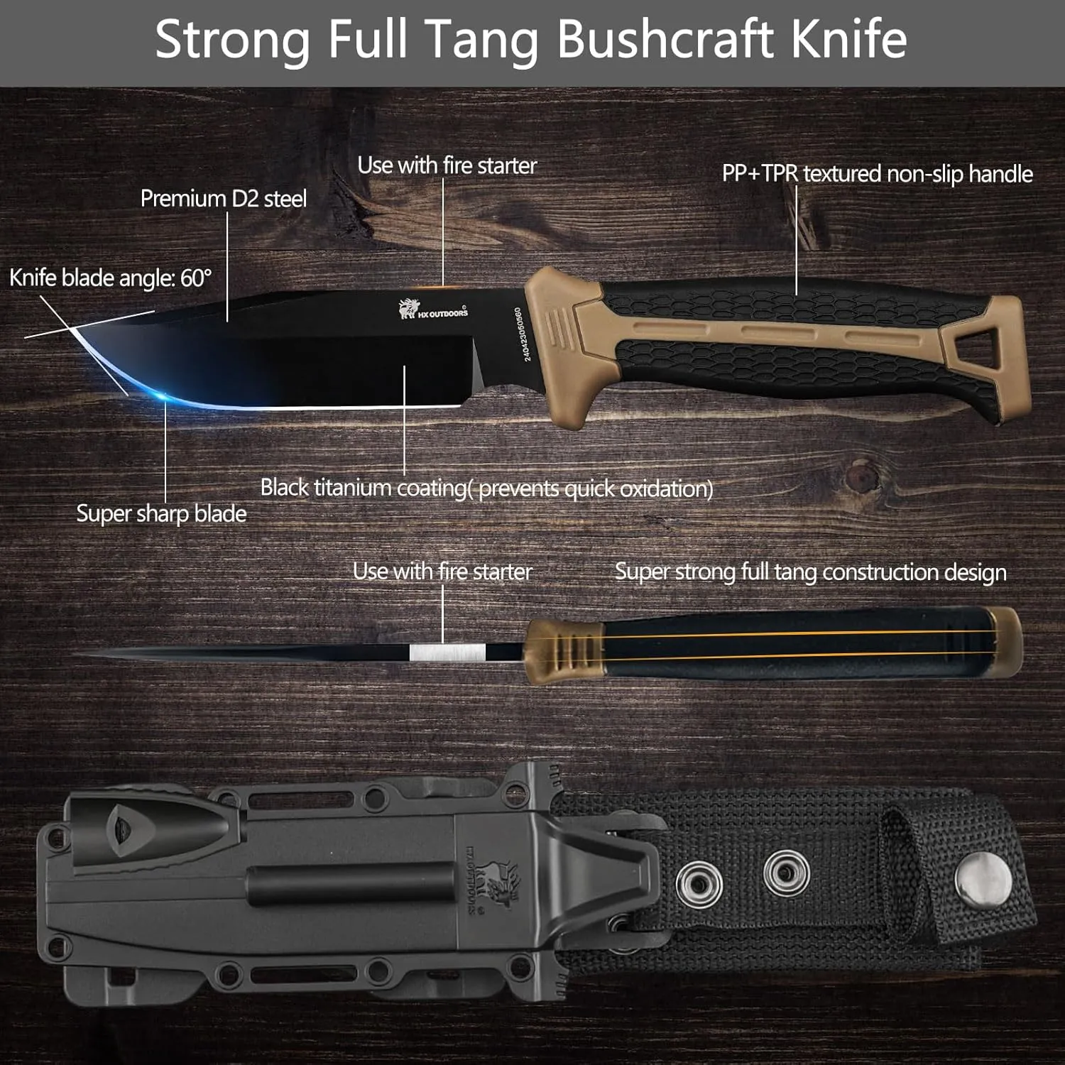 Extra Sharp Bushcraft Knife with Fire Starter, Premium D2 Steel Fixed Blade Survival Camping Knife with Plastic Sheath for Outdoor, Hiking, Backpacking (Brown)