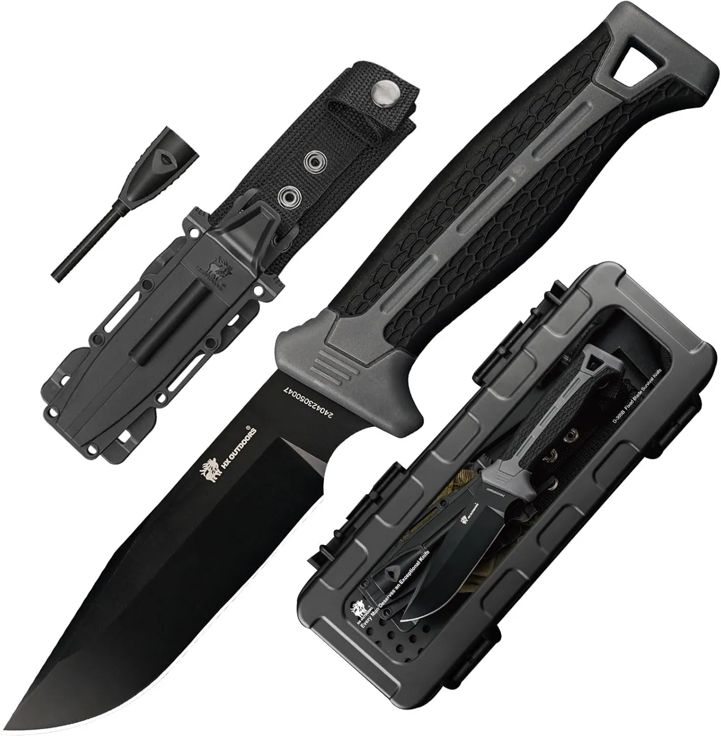 Extra Sharp Bushcraft Knife with Fire Starter, Premium D2 Steel Fixed Blade Survival Camping Knife with Plastic Sheath for Outdoor, Hiking, Backpacking(Black)