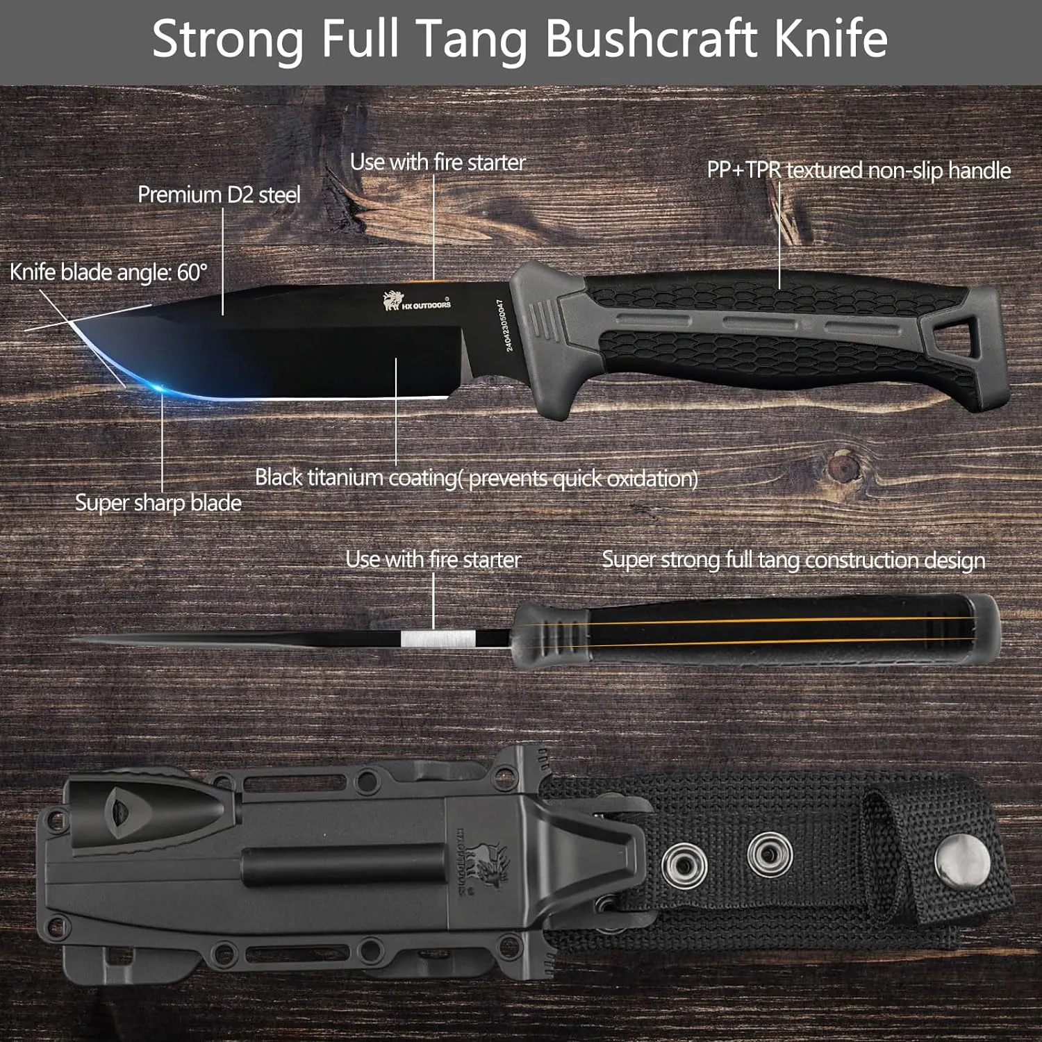 Extra Sharp Bushcraft Knife with Fire Starter, Premium D2 Steel Fixed Blade Survival Camping Knife with Plastic Sheath for Outdoor, Hiking, Backpacking(Black)