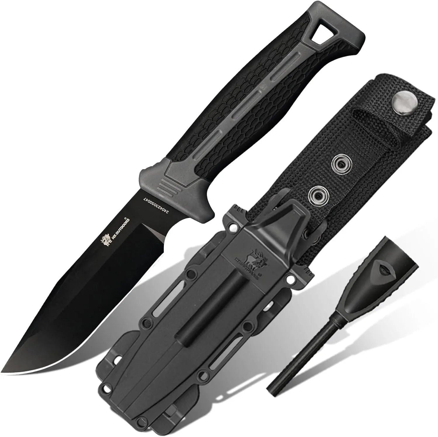 Extra Sharp Camping Knife with Fire Starter, Premium D2 Steel Fixed Blade Survival Knife with Plastic Sheath and Non Slip Handle (D-305B, Black)