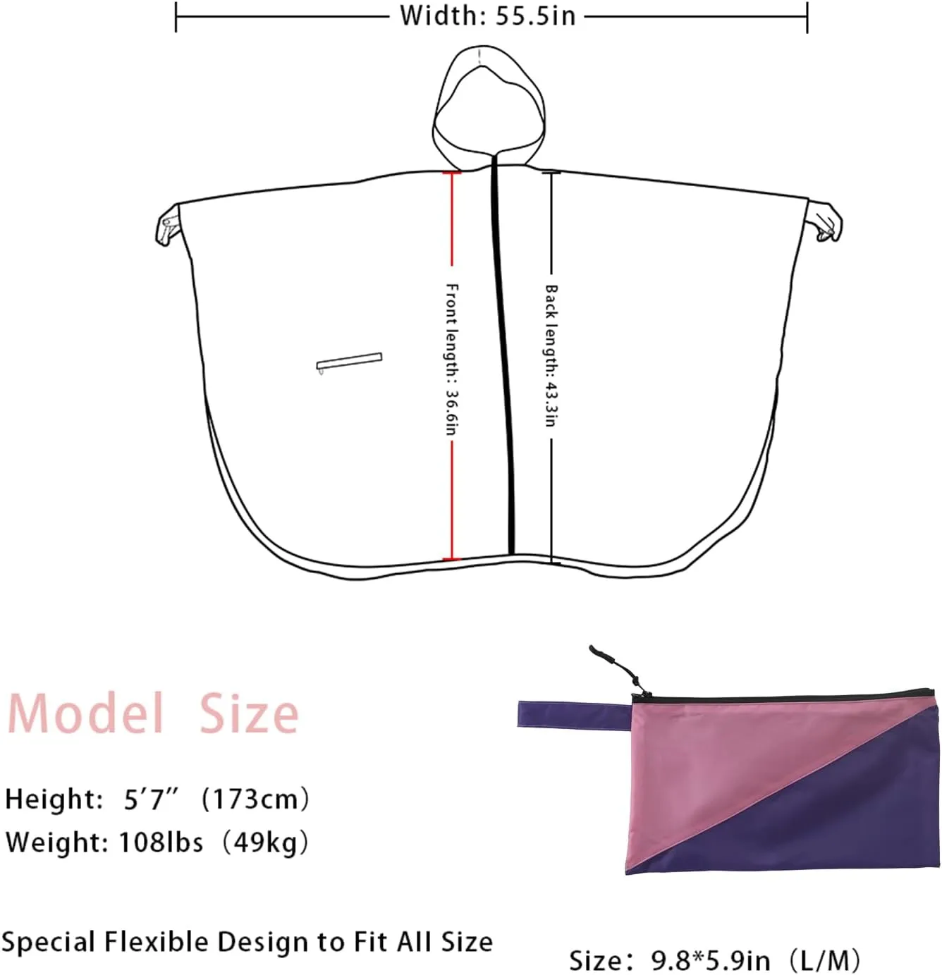 Fashion Hooded Rain Poncho Waterproof Raincoat Jacket with pocket for Women/Men/Adult