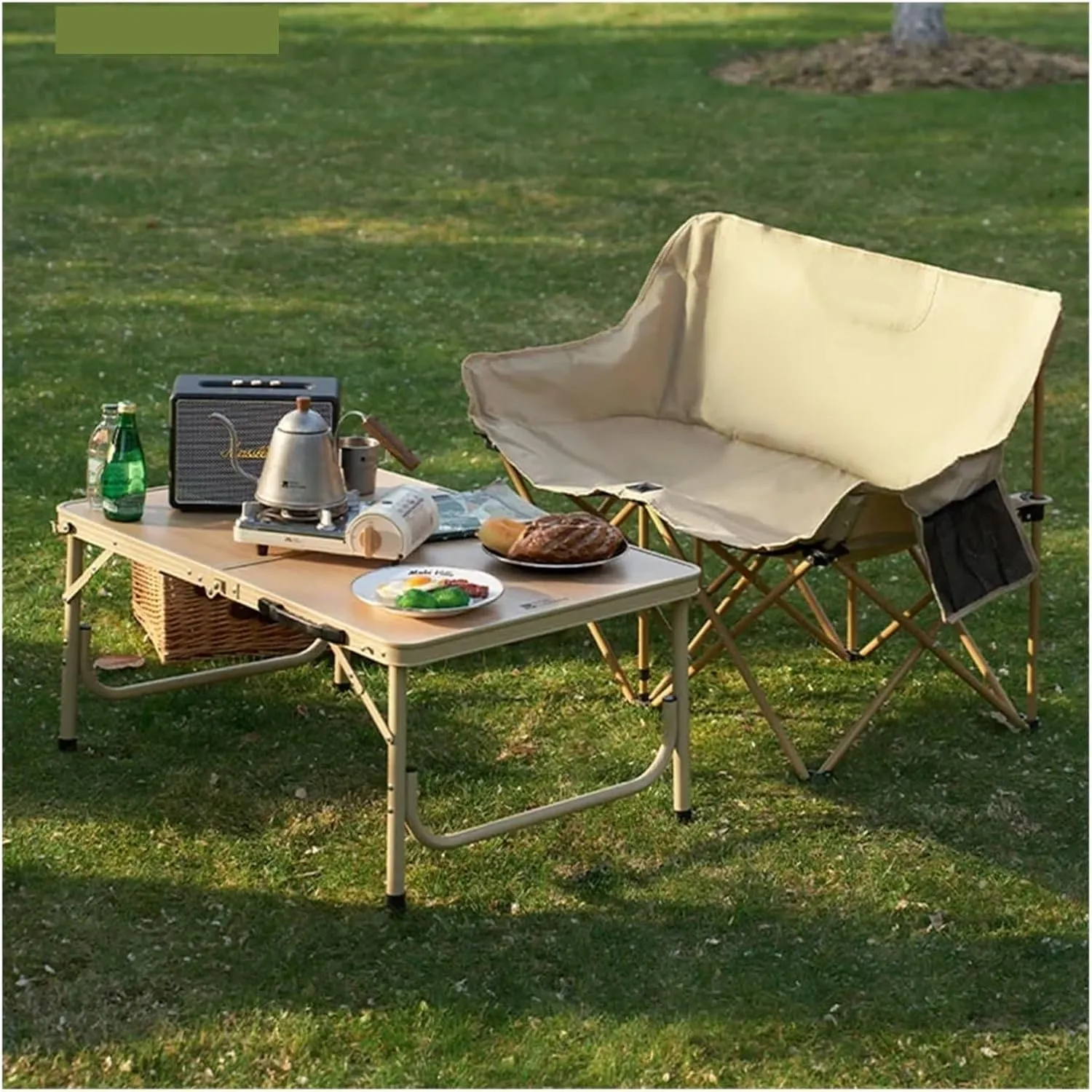 Fasion Double Moon Chair Outdoor Folding Chair Portable Backrest Fishing Stool Nature Hike Reclining Chair Camping Light(Winter Bamboo Green)