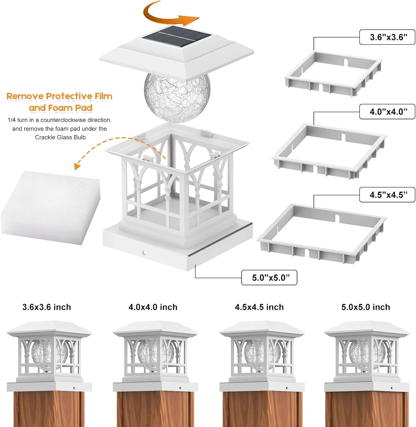Fence Post Solar Lights, Crackle Glass Solar Post Cap Lights, 20 Lumens, Warm White & RGB Automatic Cycling 2 Modes for 3.6x3.6 4x4 4.5x4.5 5x5 Vinyl Wooden Posts Decoration, White (1 Pack)