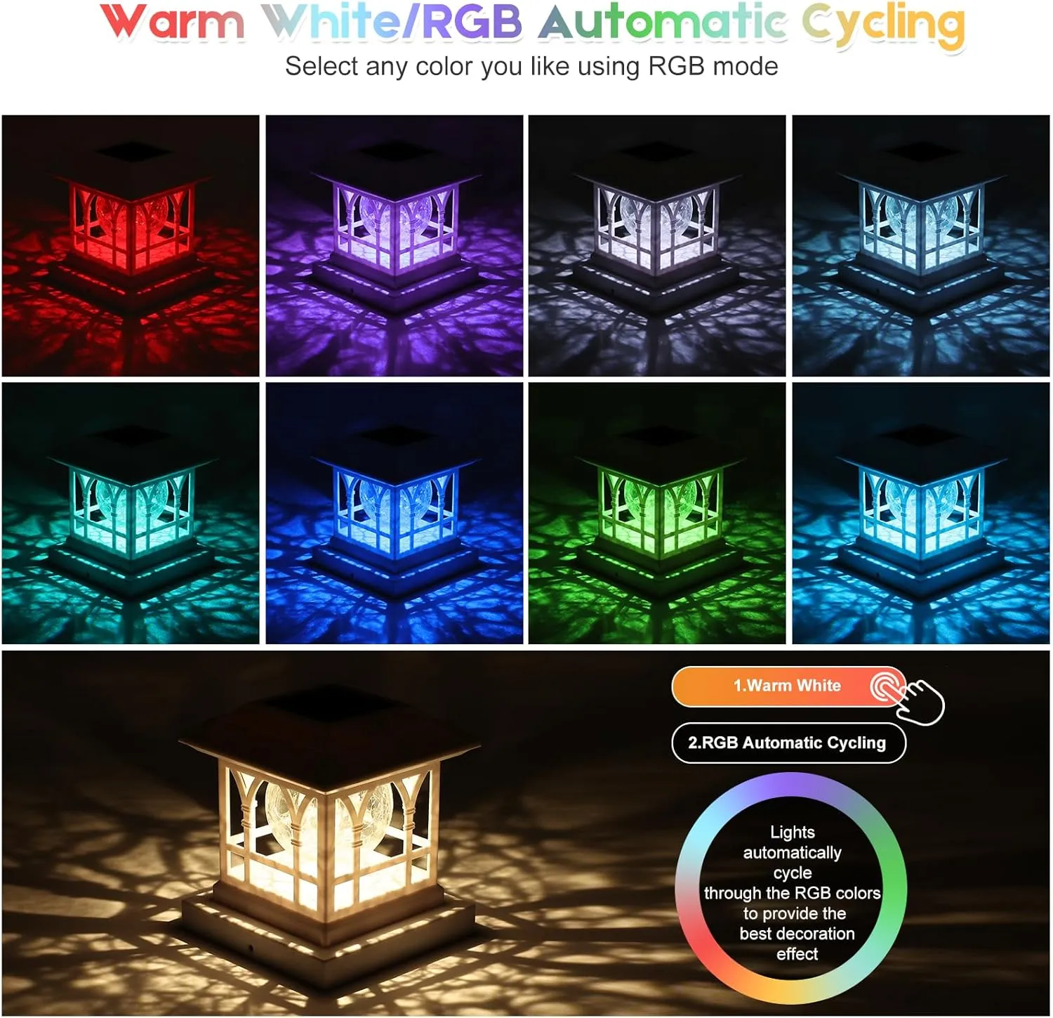 Fence Post Solar Lights, Crackle Glass Solar Post Cap Lights, 20 Lumens, Warm White & RGB Automatic Cycling 2 Modes for 3.6x3.6 4x4 4.5x4.5 5x5 Vinyl Wooden Posts Decoration, White (1 Pack)