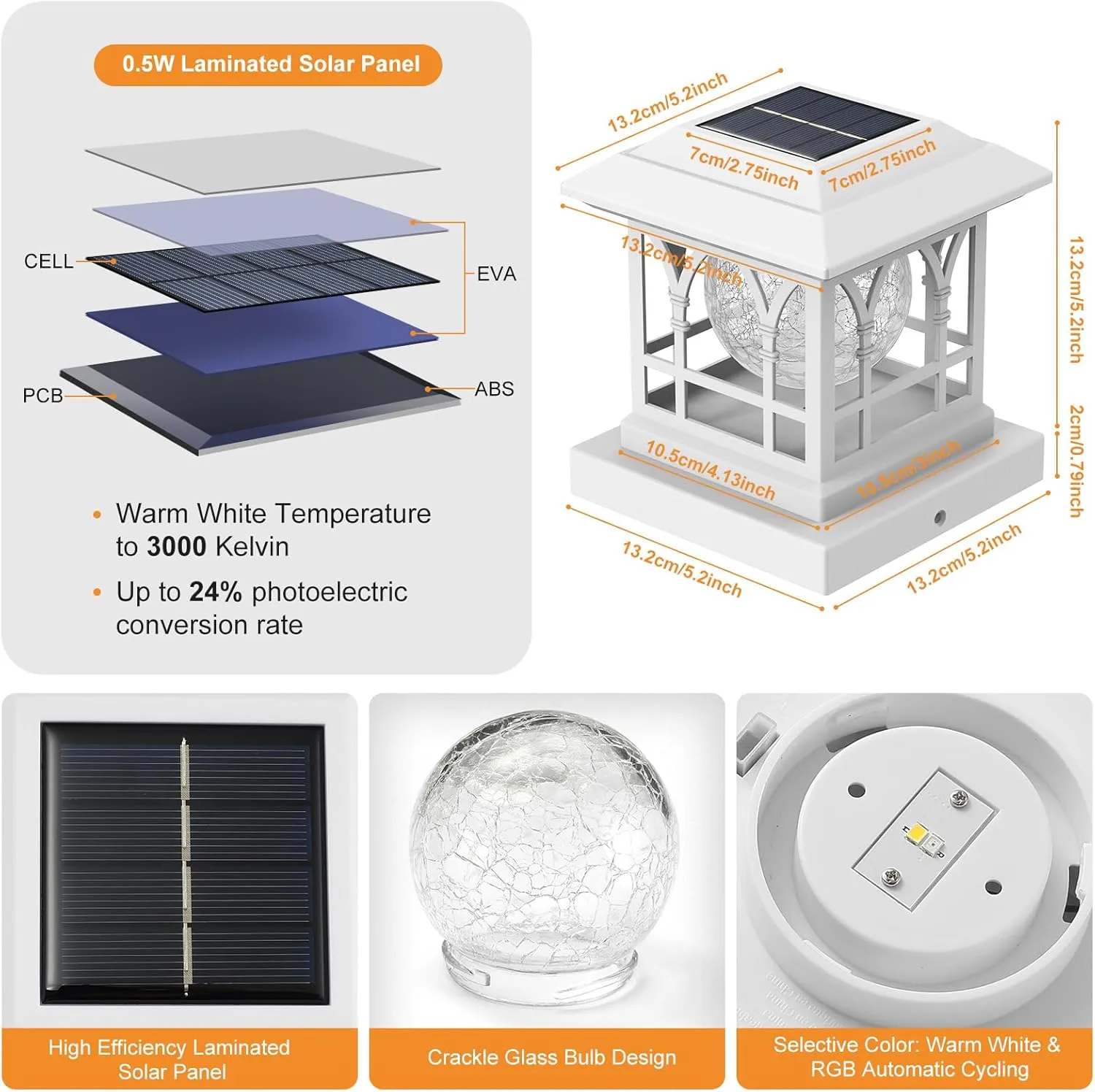 Fence Post Solar Lights, Crackle Glass Solar Post Cap Lights, 20 Lumens, Warm White & RGB Automatic Cycling 2 Modes for 3.6x3.6 4x4 4.5x4.5 5x5 Vinyl Wooden Posts Decoration, White (1 Pack)