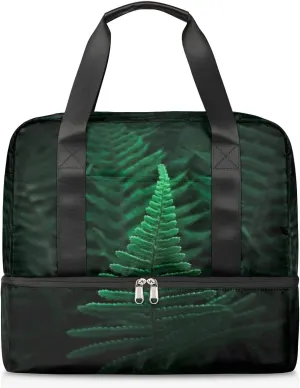 Ferns Green Plants Travel Bag Double Tier Zip Closure Weekender Bag with Leather Handle Waterproof Sports Tote Gym Bag for Swim Beach Gym Yoga