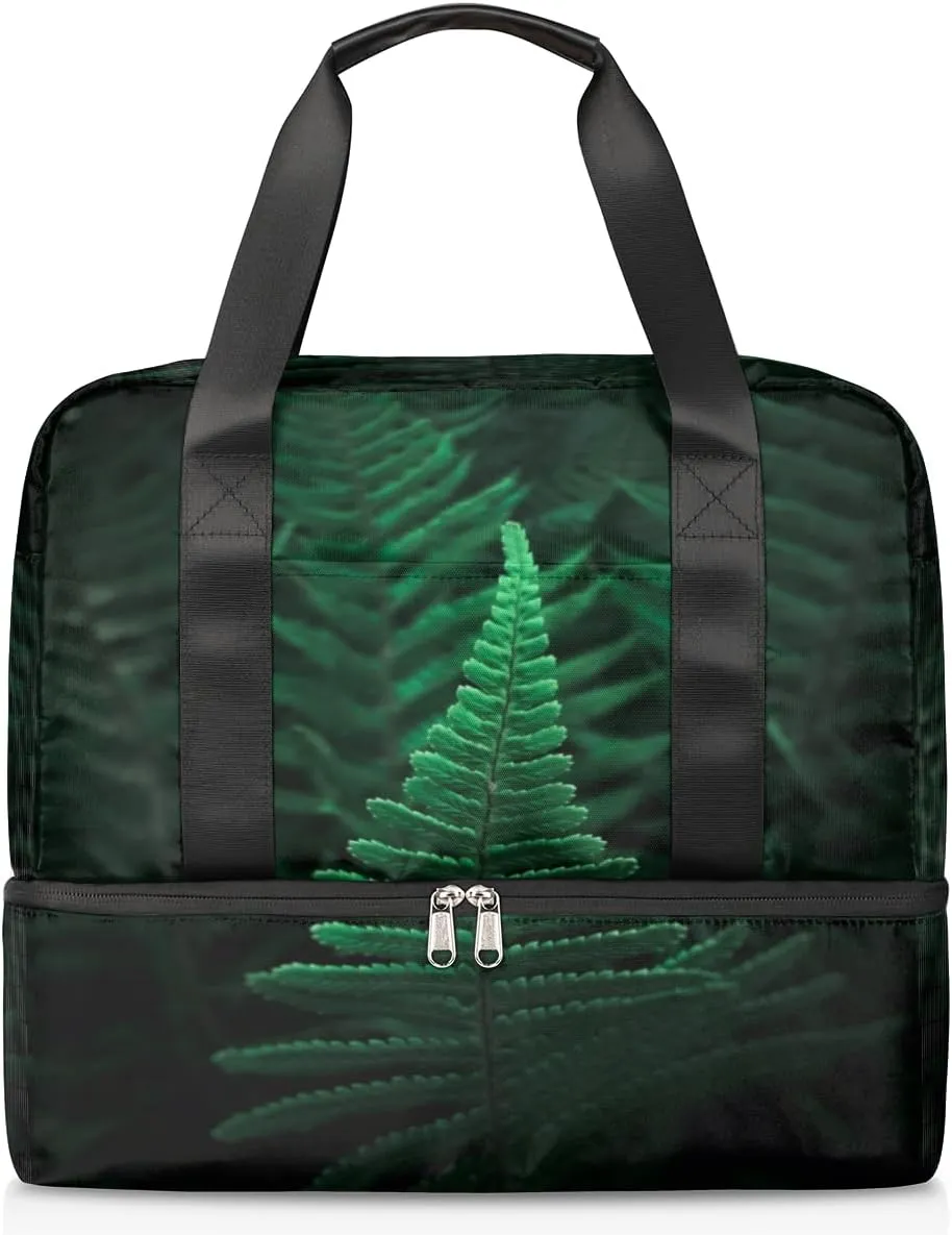 Ferns Green Plants Travel Bag Double Tier Zip Closure Weekender Bag with Leather Handle Waterproof Sports Tote Gym Bag for Swim Beach Gym Yoga