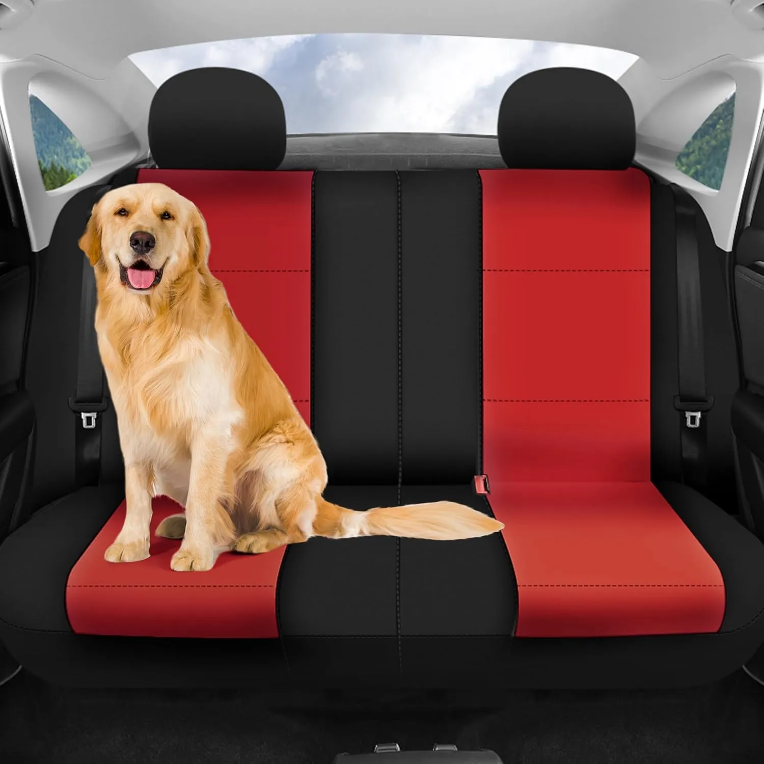 FH Group Car Seat Covers Three-Row 7 Seater Neoprene Waterproof Car Full Set Seat Covers, Airbag Ready and Split - Fit Most Car, Truck, SUV, & Van (Red/Black)