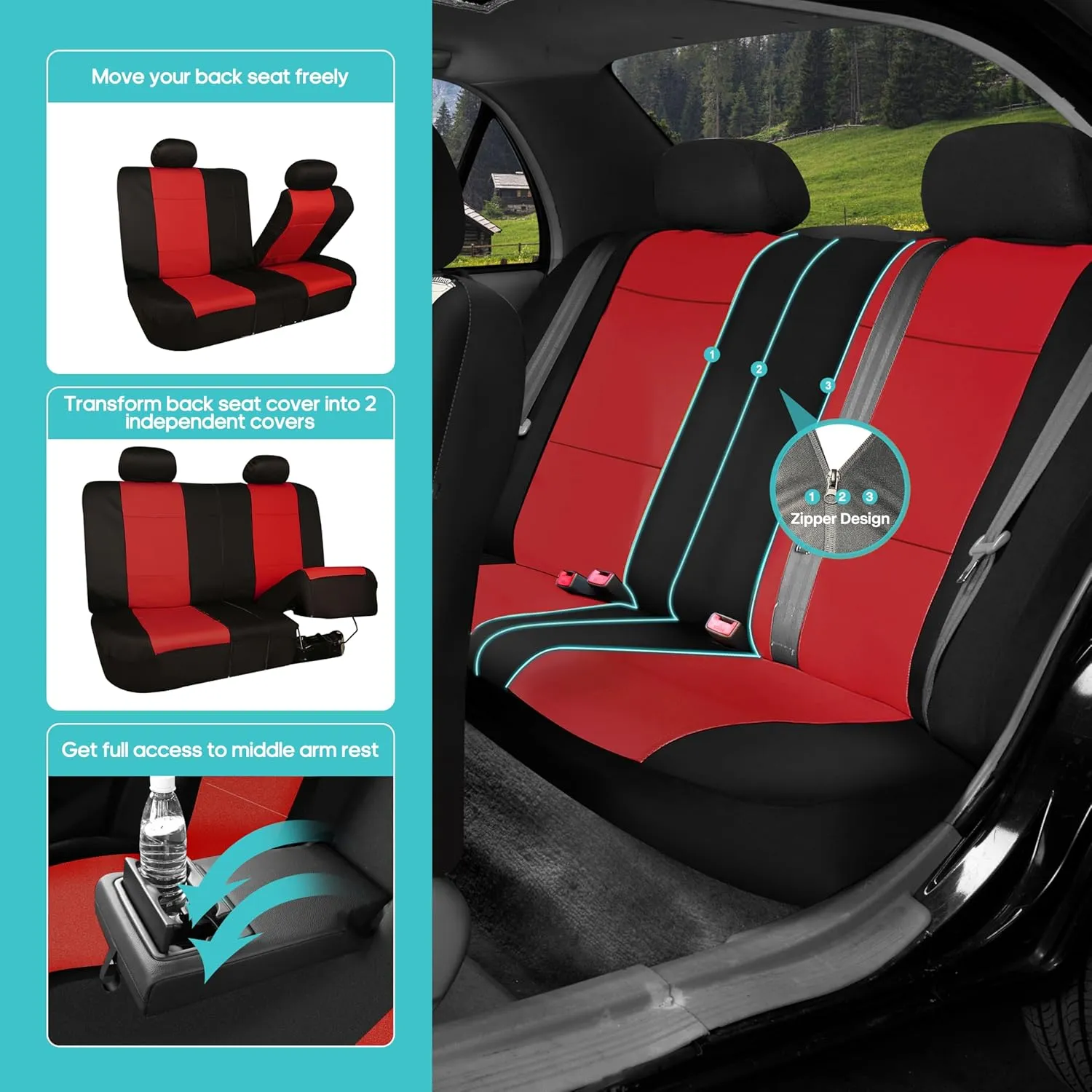 FH Group Car Seat Covers Three-Row 7 Seater Neoprene Waterproof Car Full Set Seat Covers, Airbag Ready and Split - Fit Most Car, Truck, SUV, & Van (Red/Black)