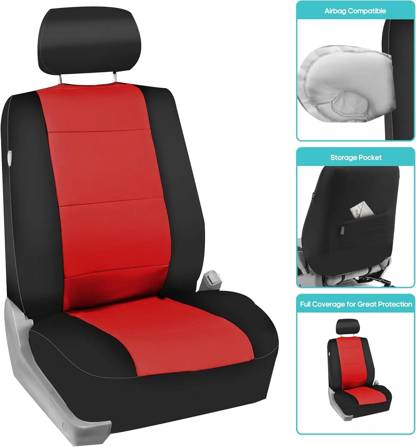 FH Group Car Seat Covers Three-Row 7 Seater Neoprene Waterproof Car Full Set Seat Covers, Airbag Ready and Split - Fit Most Car, Truck, SUV, & Van (Red/Black)