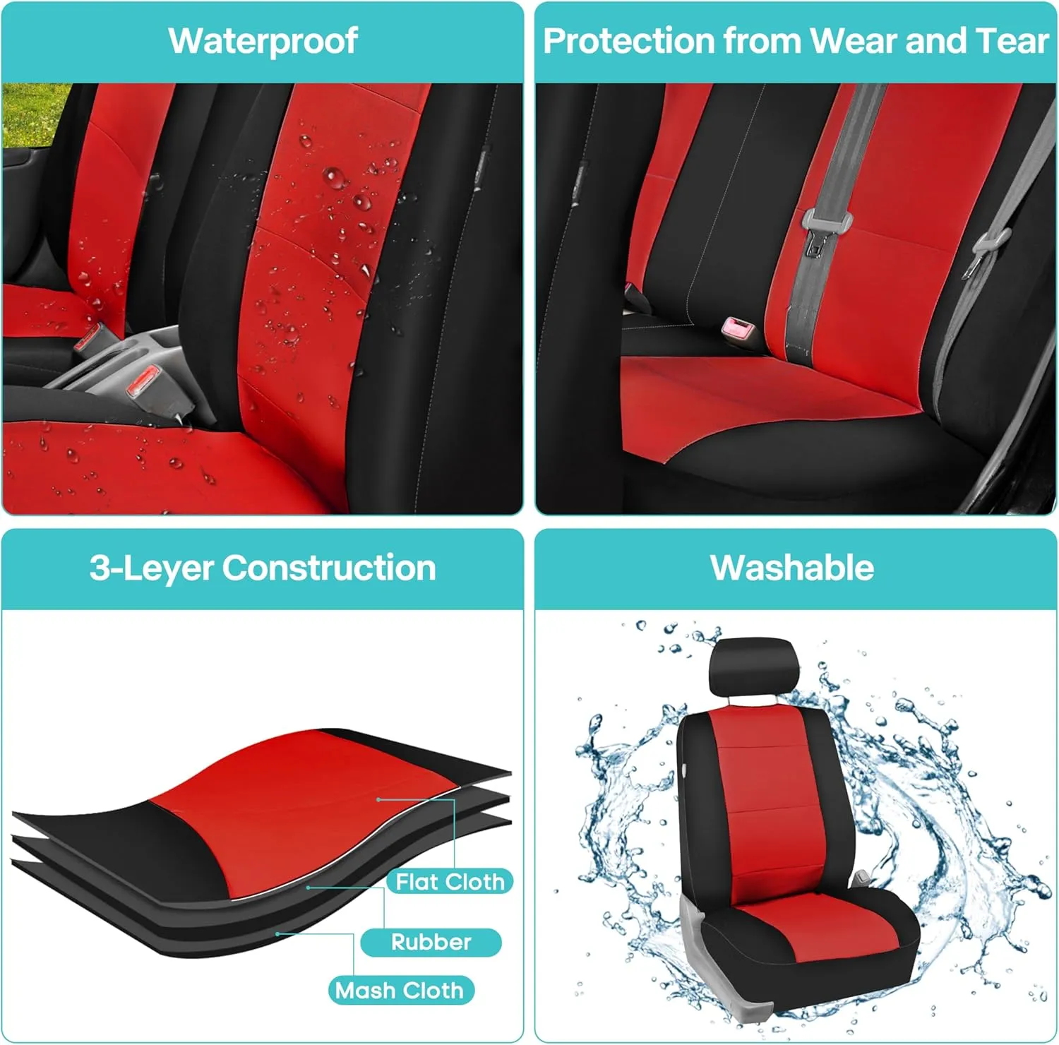 FH Group Car Seat Covers Three-Row 7 Seater Neoprene Waterproof Car Full Set Seat Covers, Airbag Ready and Split - Fit Most Car, Truck, SUV, & Van (Red/Black)