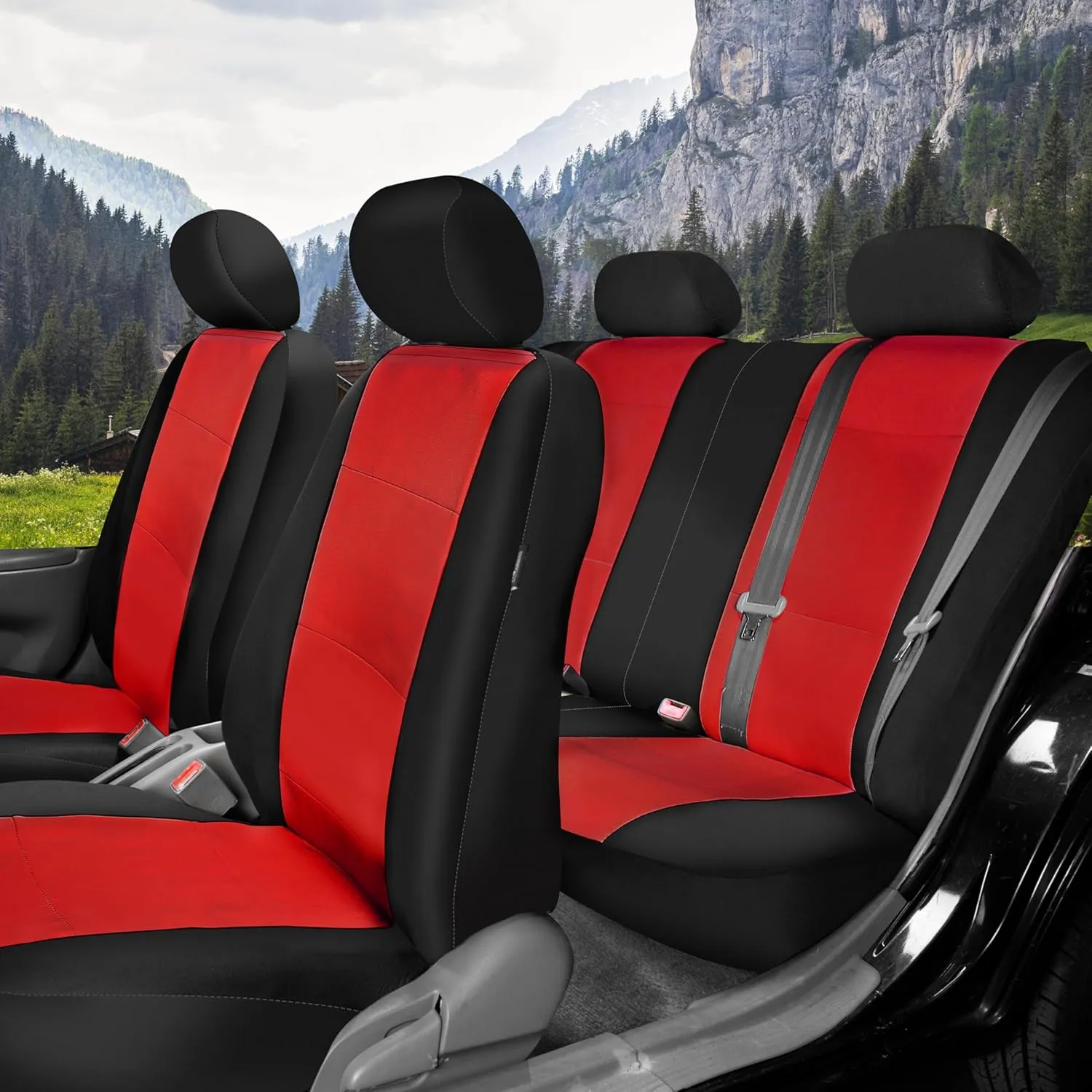 FH Group Car Seat Covers Three-Row 7 Seater Neoprene Waterproof Car Full Set Seat Covers, Airbag Ready and Split - Fit Most Car, Truck, SUV, & Van (Red/Black)