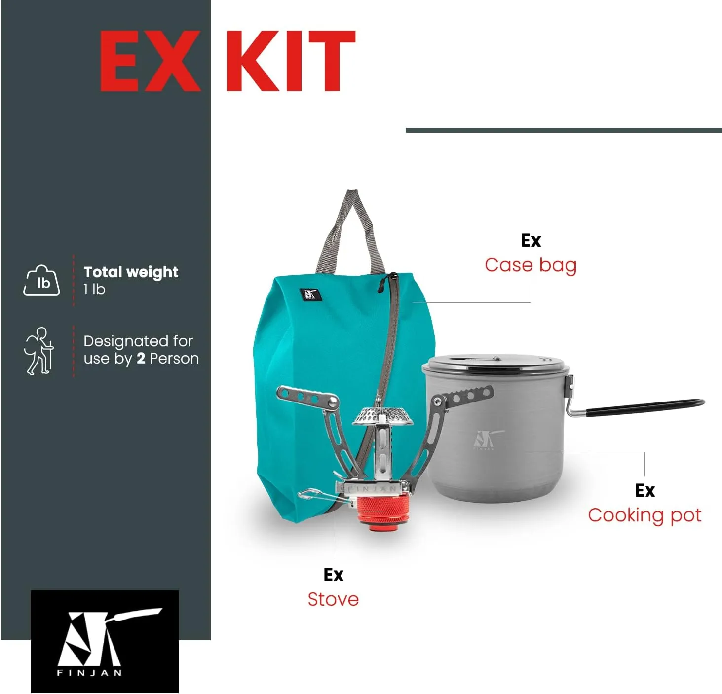 FINJAN Backpack Cooking Kit Camping Set Ultralight for 2 People, “EX” Easy Store Coffee Pot, Portable Travel Burner Stove, Water Resistant Case. Small Light Compact for Boiling Water Coffee Tea.