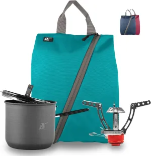 FINJAN Backpack Cooking Kit Camping Set Ultralight for 2 People, “EX” Easy Store Coffee Pot, Portable Travel Burner Stove, Water Resistant Case. Small Light Compact for Boiling Water Coffee Tea.
