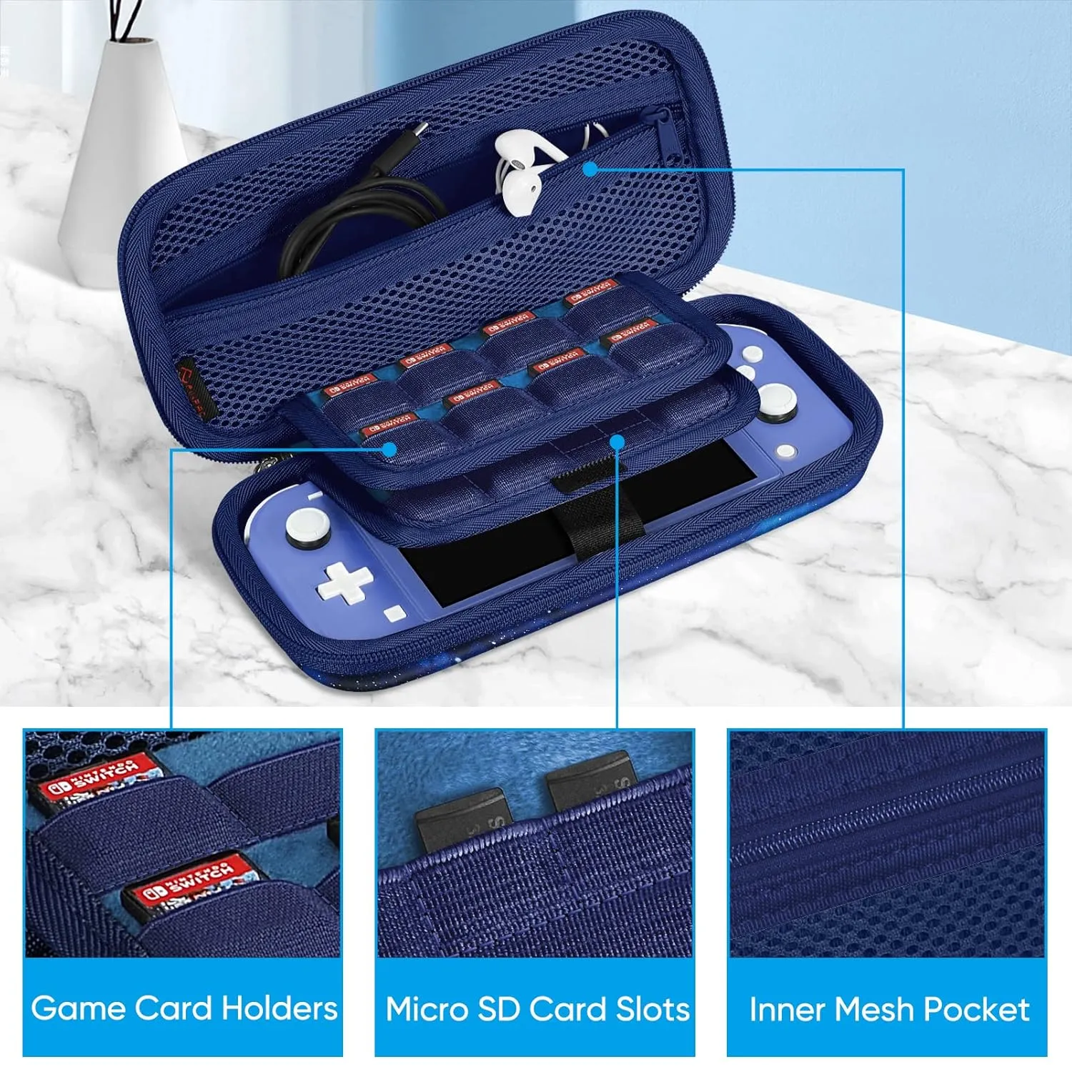 FINTIE Carrying Case for Nintendo Switch Lite 2019, [Shockproof] Hard Shell Protective Cover Travel Bag with Game Card & Micro SD Card Slots for Switch Lite Console & Accessories, Starry Sky