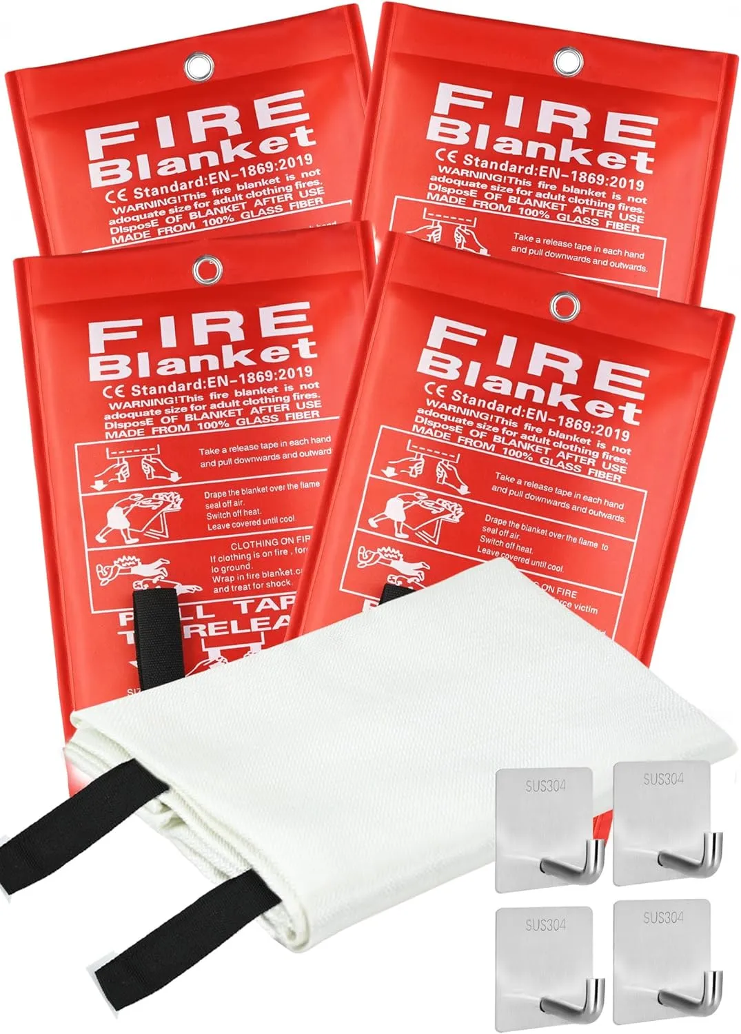 Fire Blanket Emergency for Home and Kitchen, 40" x 40", Fiberglass Suppression Fire Retardant Blankets for Office, Car, Warehouse, Fireplace, Grill Safety (4 Pack)