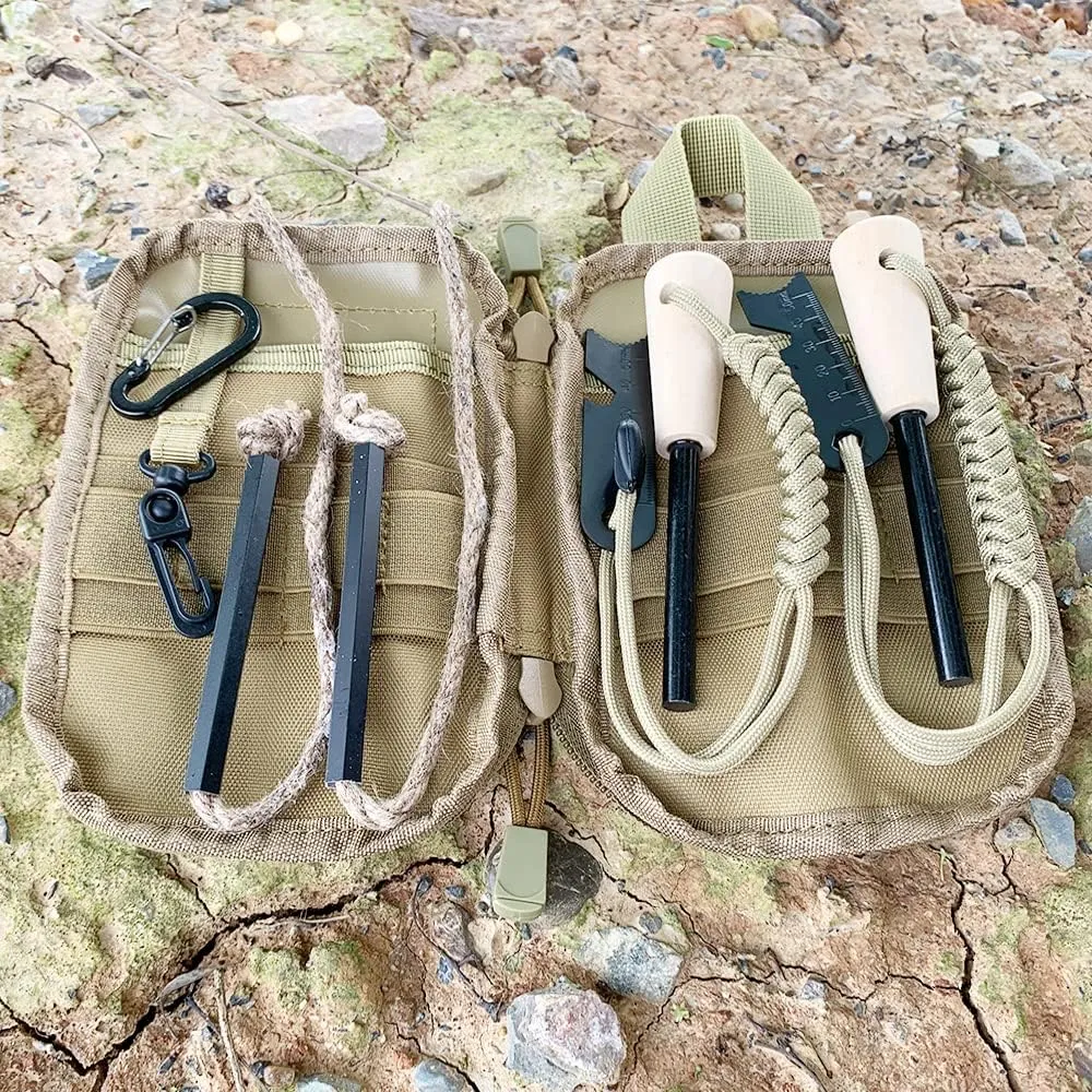 Fire Starter Survival Kit, Larger Ferro Rod with Striker Lanyard 3in Long Flint and Steel, 13.8in Wick Hemp Cord, Multifunctional Bag