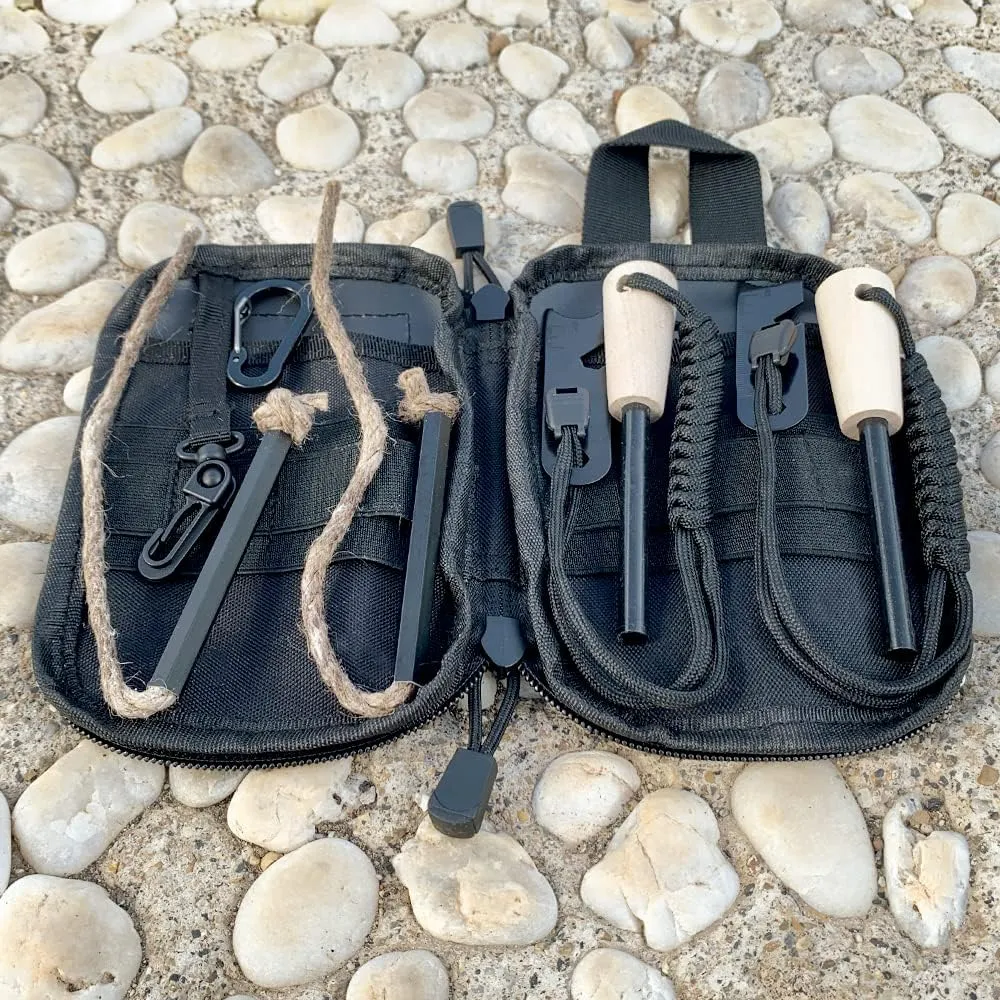 Fire Starter Survival Kit, Larger Ferro Rod with Striker Lanyard 3in Long Flint and Steel, 13.8in Wick Hemp Cord, Multifunctional Bag