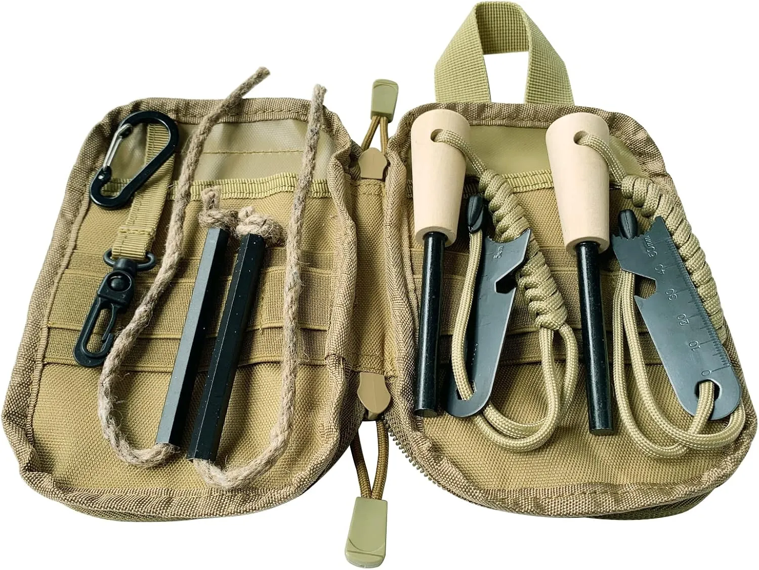 Fire Starter Survival Kit, Larger Ferro Rod with Striker Lanyard 3in Long Flint and Steel, 13.8in Wick Hemp Cord, Multifunctional Bag
