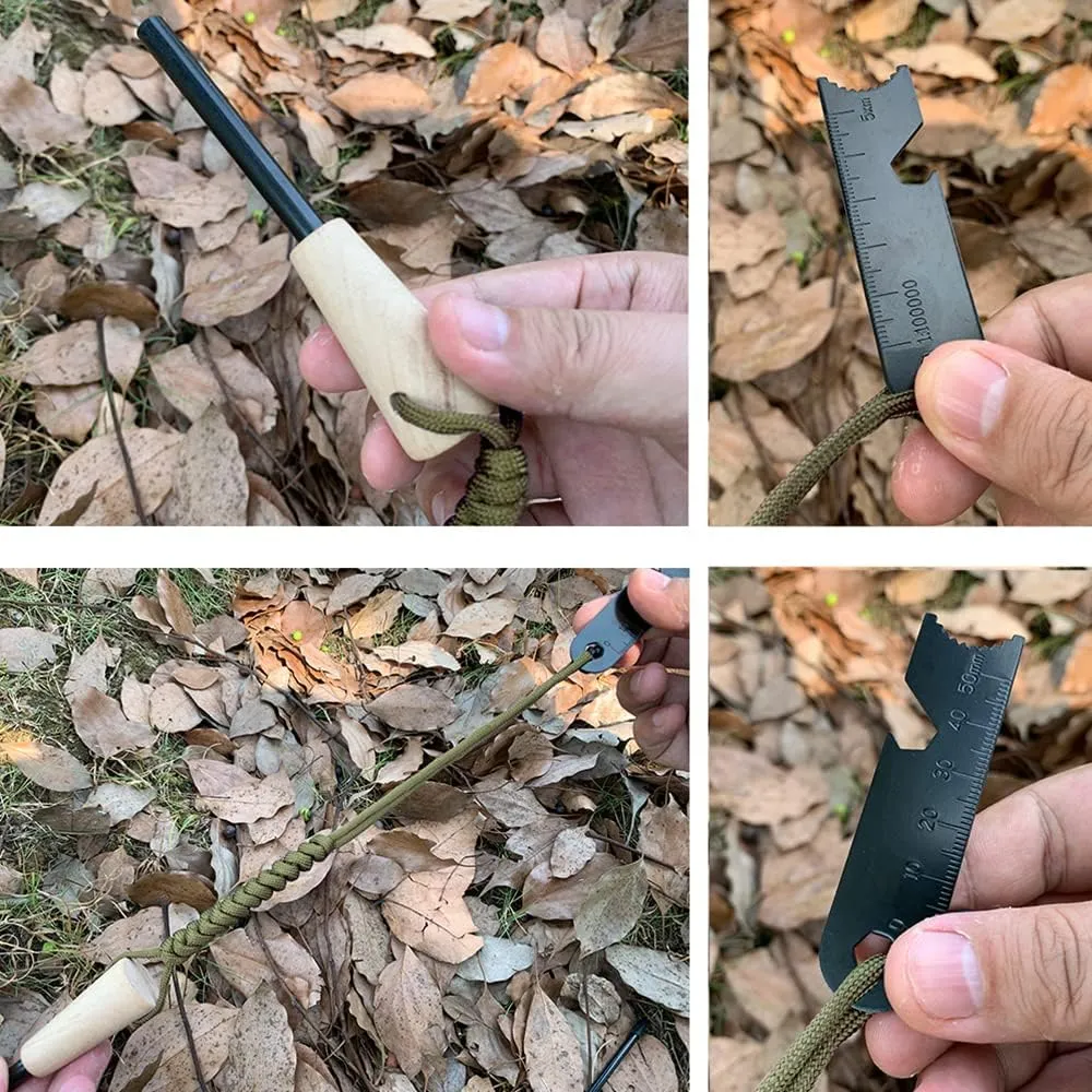 Fire Starter Survival Kit, Larger Ferro Rod with Striker Lanyard 3in Long Flint and Steel, 13.8in Wick Hemp Cord, Multifunctional Bag