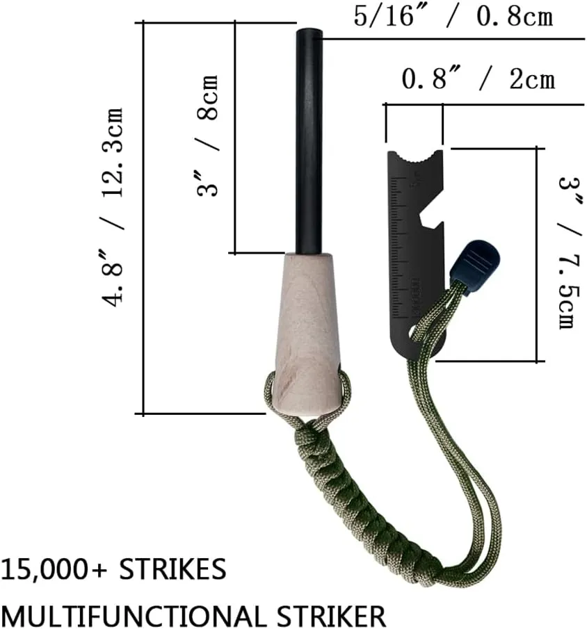 Fire Starter Survival Kit, Larger Ferro Rod with Striker Lanyard 3in Long Flint and Steel, 13.8in Wick Hemp Cord, Multifunctional Bag
