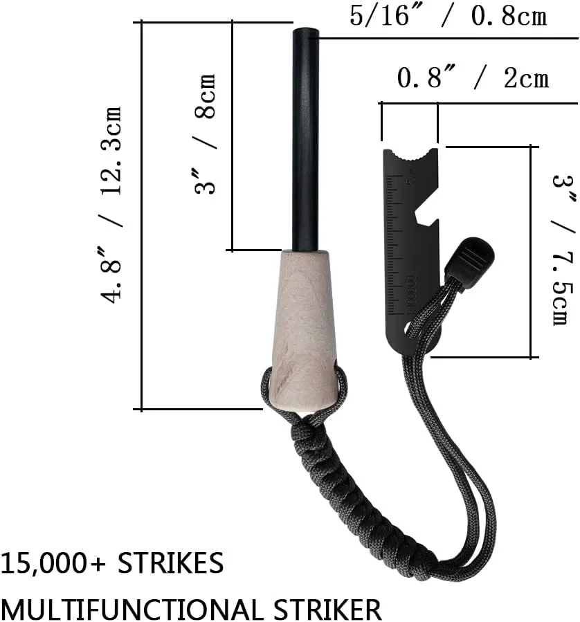 Fire Starter Survival Kit, Larger Ferro Rod with Striker Lanyard 3in Long Flint and Steel, 13.8in Wick Hemp Cord, Multifunctional Bag