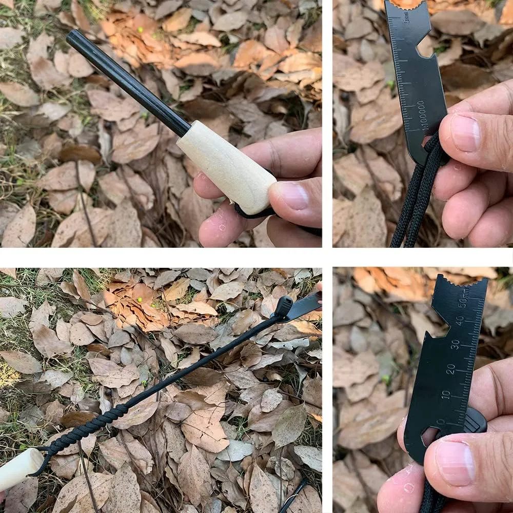 Fire Starter Survival Kit, Larger Ferro Rod with Striker Lanyard 3in Long Flint and Steel, 13.8in Wick Hemp Cord, Multifunctional Bag