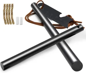 Fire Starter Survival Tool, Ferro Rod Kit with Leather Neck Lanyard and Multi-Tool Striker, Flint and Steel Survival Igniter with Tinder Rope and Tab for Camping, Hiking and Emergency