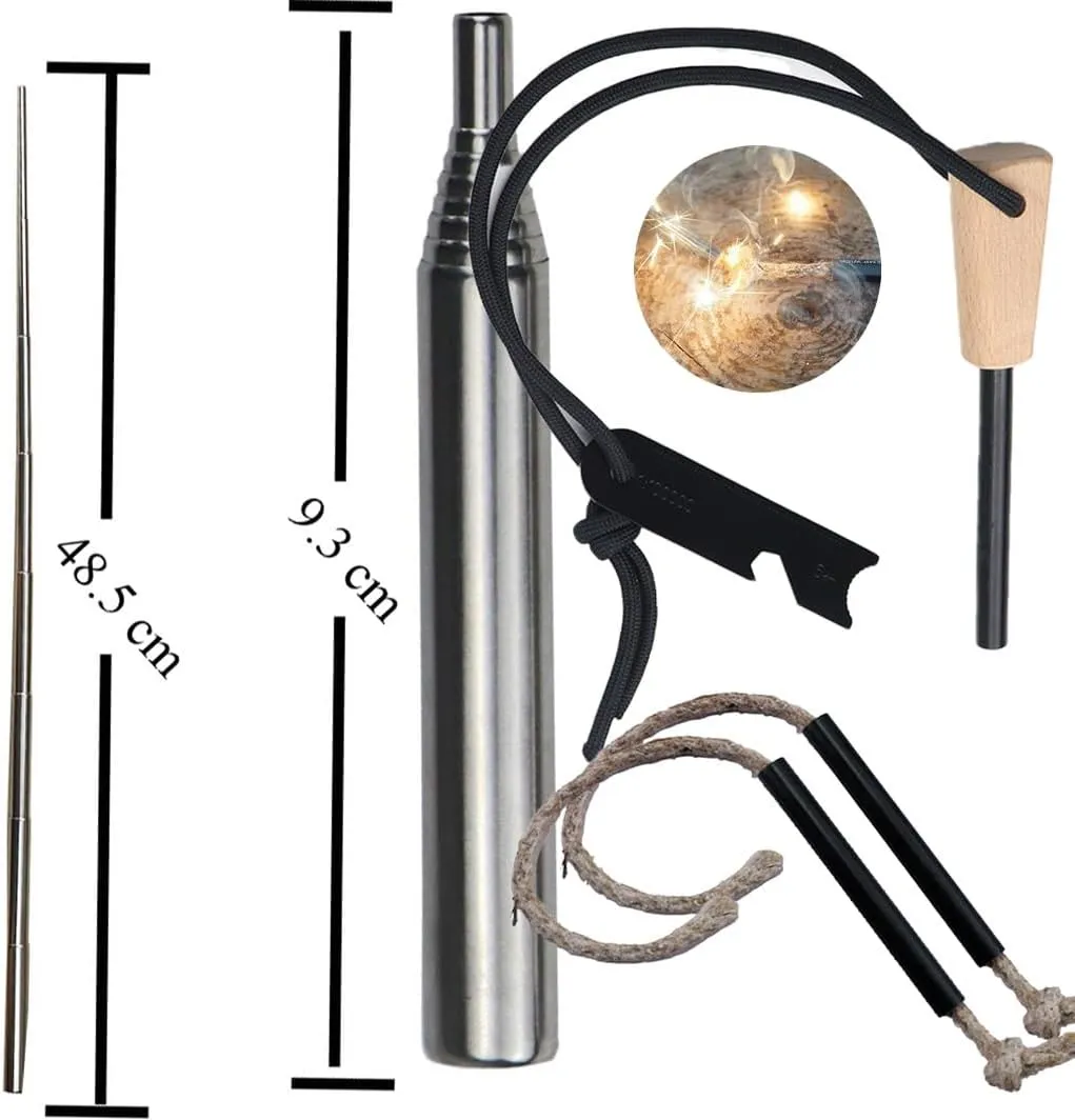 Fire Starting Survival Tool, Flint and Steel Survival Igniter with Cord, Iron Rod Kit for Camping and Emergencies