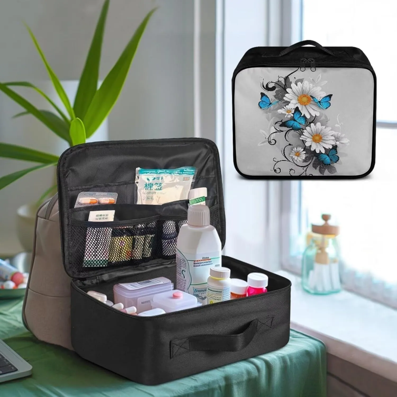 First Aid Bag Only Empty Small Daisy Butterfly Travel Medicine Pouch Double Zippers First Aid Pouch Medical Supplies Organizer Bag Kit for Traveling Car Home Camping Office Hiking