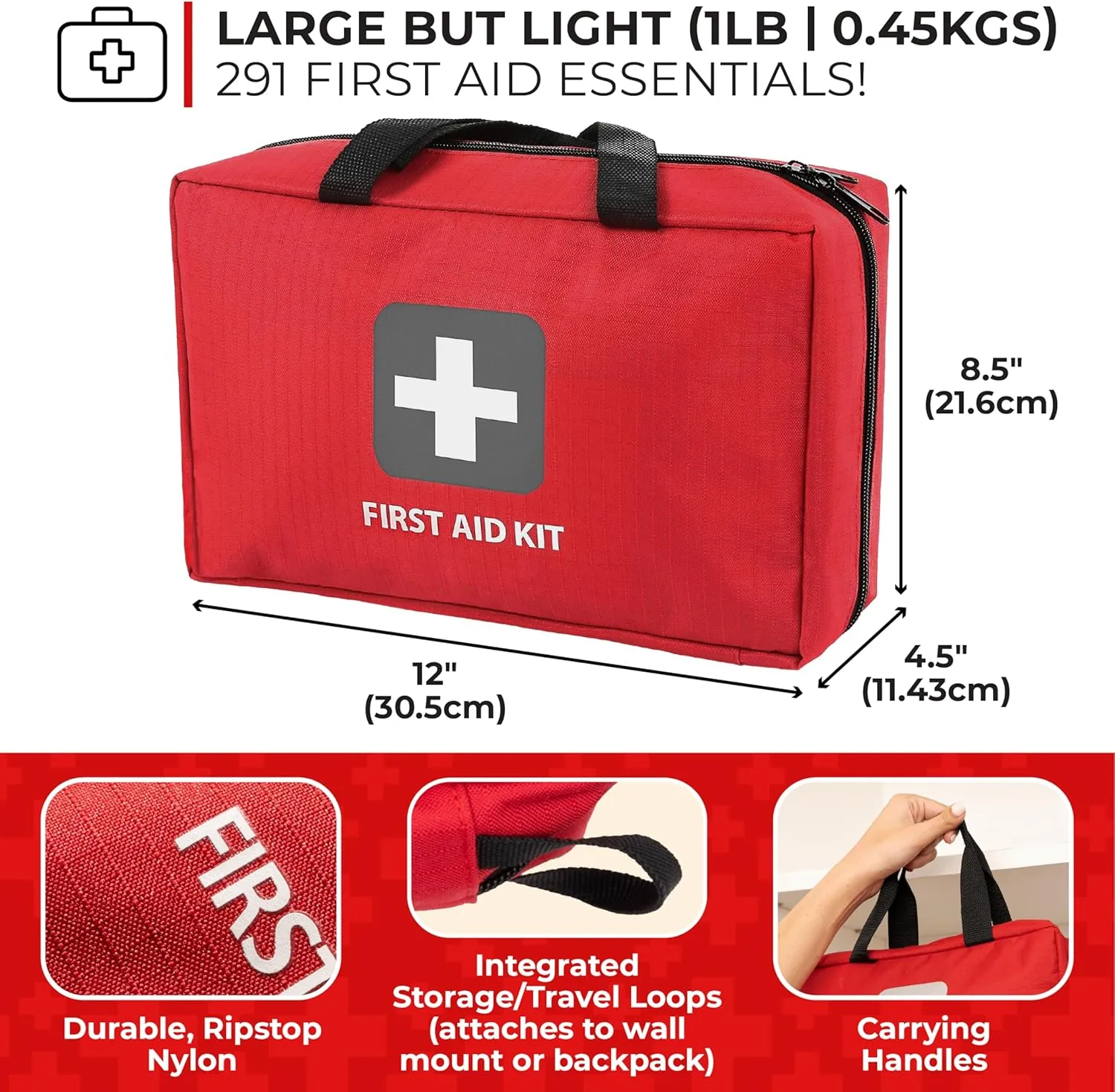 First Aid Kit – 291 Pieces of First Aid Supplies | Hospital Grade Medical Supplies for Emergency and Survival Situations | Ideal for Car, Trucks, Camping, Hiking, Travel, Office, Sports, Pets, Hunting, Home