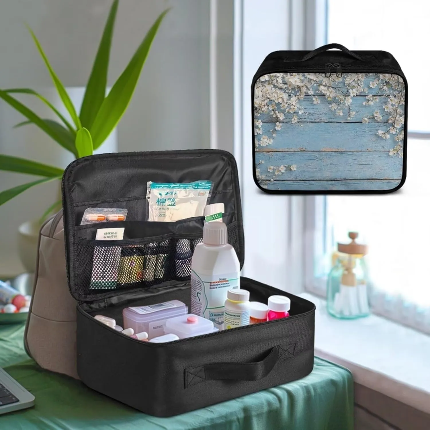 First Aid Kit Bag Empty Medium Organizer Wood Print Floral Portable Medication Travel Carrying Case with Handle for Home Travel Camping Empty Medical Storage Bag Portable Pouch