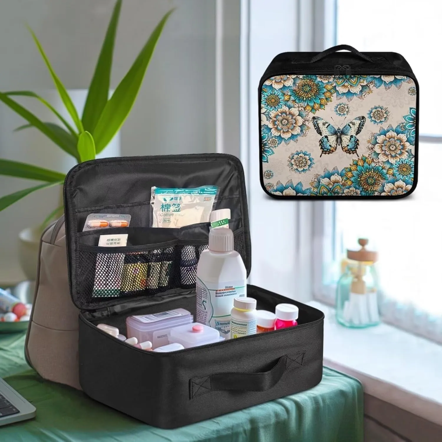 First Aid Kit Bag Empty Small Boho Butterfly Medical Kit Bag Empty Travel Medicine Pouch Medical Supplies Organizer Bag Empty for Car Home Camping Hiking Office Emergency Kit