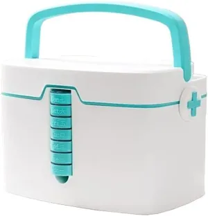 First Aid Kit Medical Box with 7 Pill Boxes, Portable Plastic Storage Box, Household First Aid Kit with Double-Layer Compartments